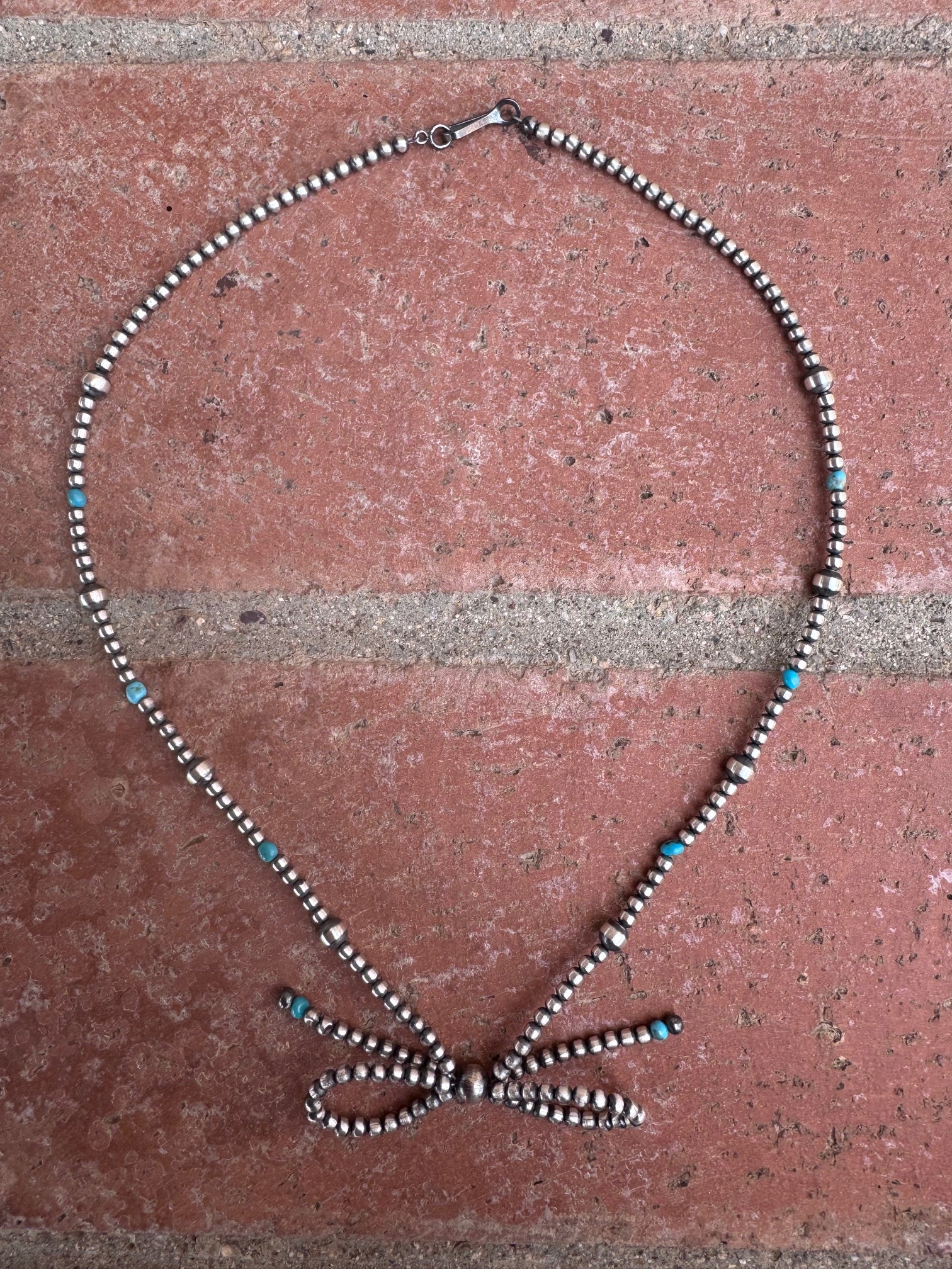 Handcrafted Sterling Silver & Turquoise Pearl 3-8mm Beaded Bow Tie Necklace 18"