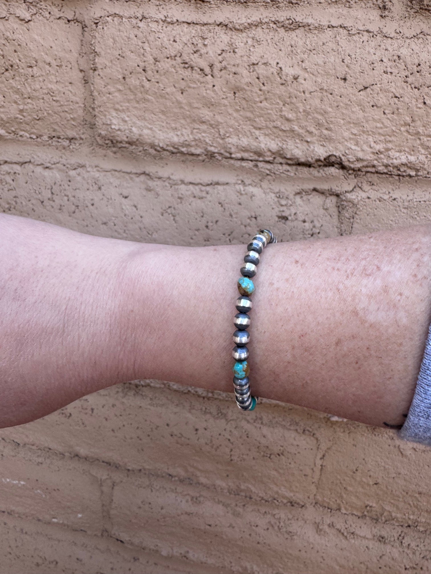 Handcrafted Sterling Silver and Turquoise 5mm Beaded Bracelet 7"