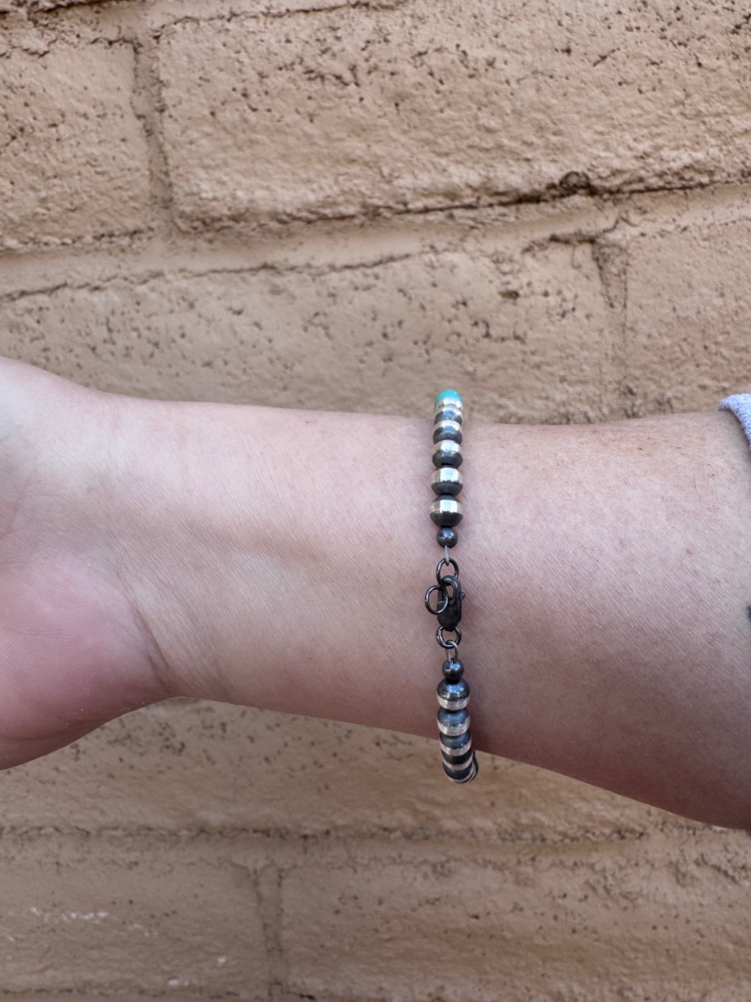 Handcrafted Sterling Silver and Turquoise 5mm Beaded Bracelet 7"