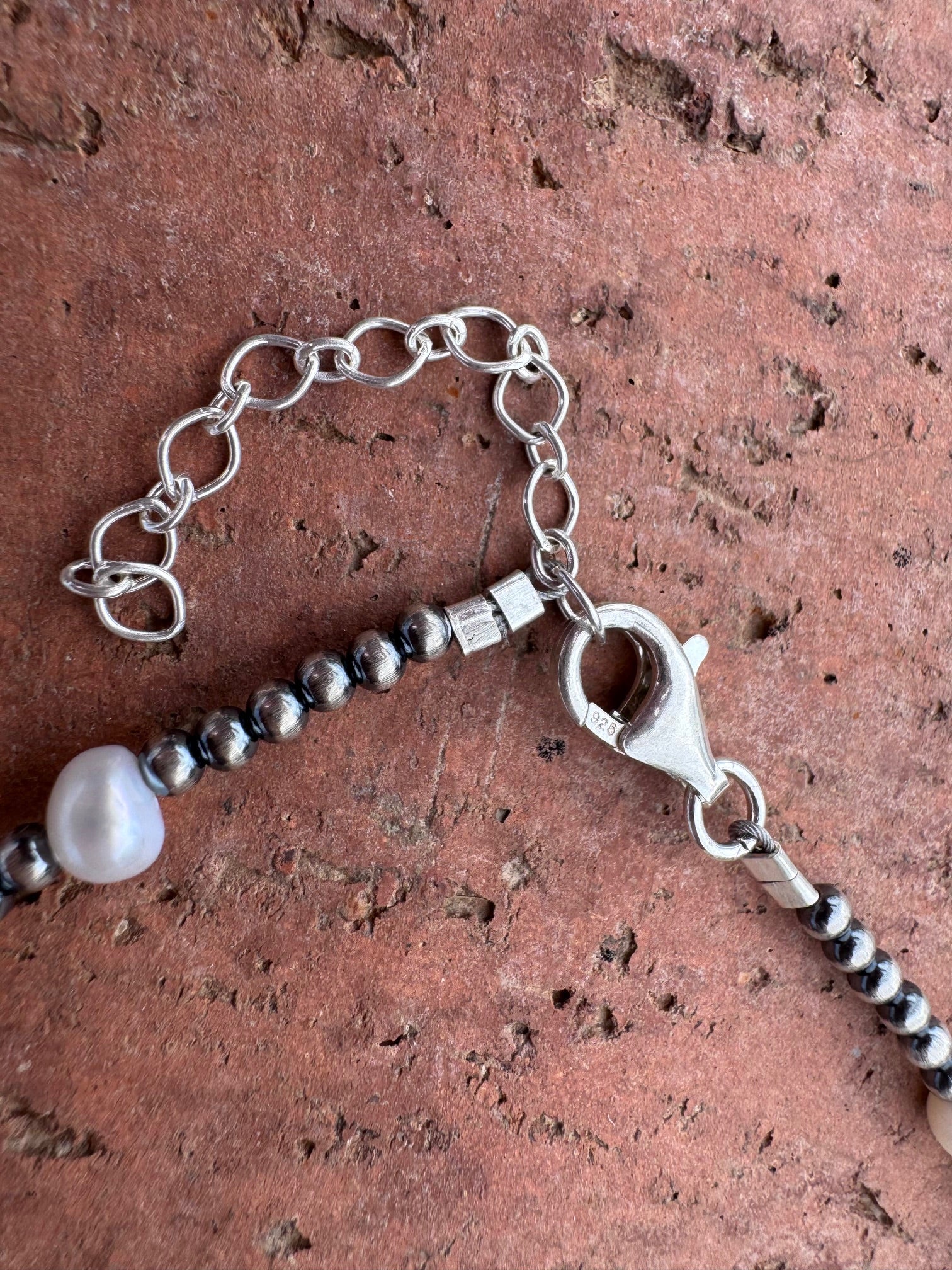 Handcrafted Mother of Pearl & Sterling Silver Pearl 3mm Beaded Necklace 16"