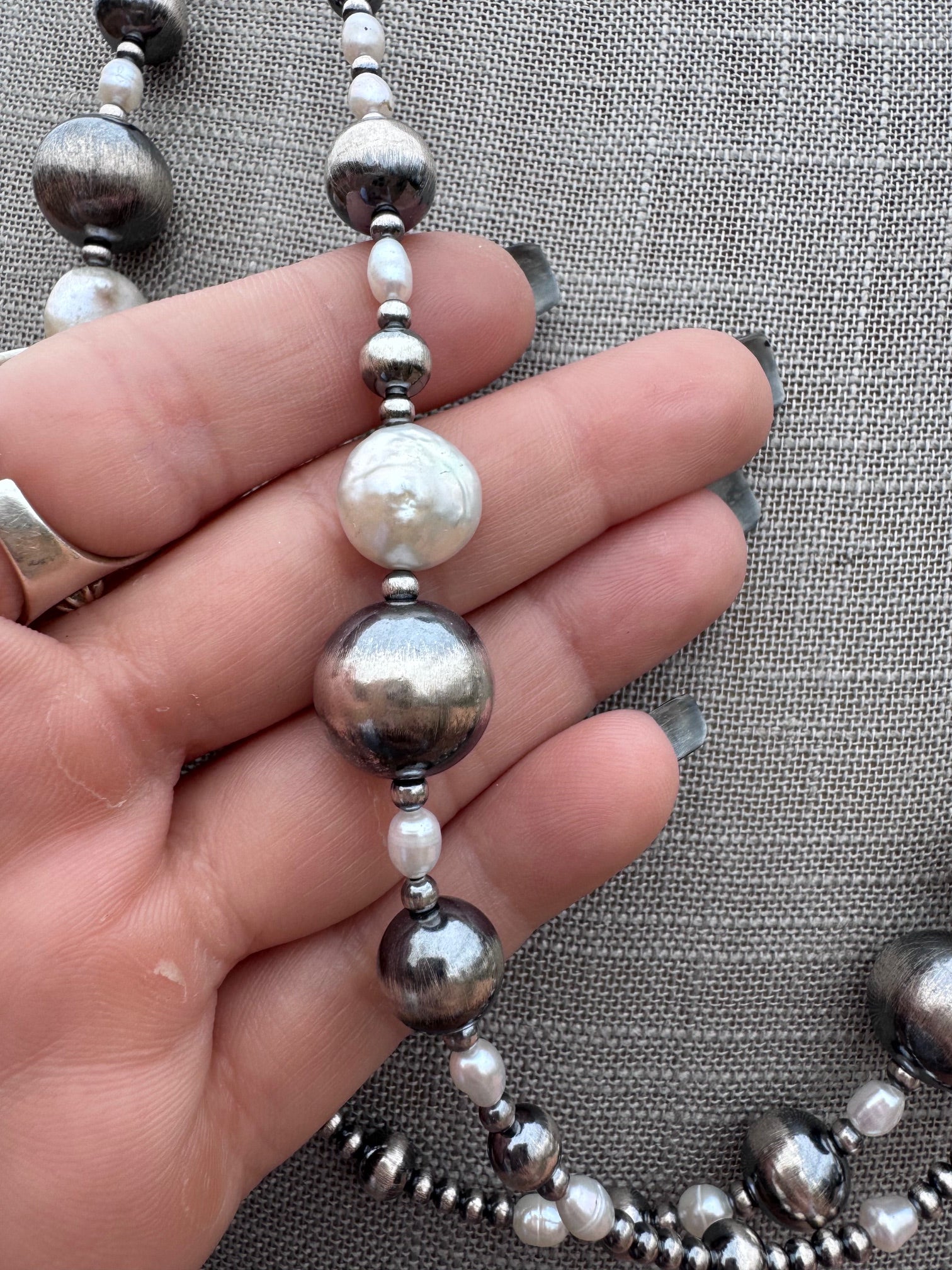 Handcrafted Mother of Pearl & Sterling Silver Pearl 3-14mm Beaded Necklace 58"