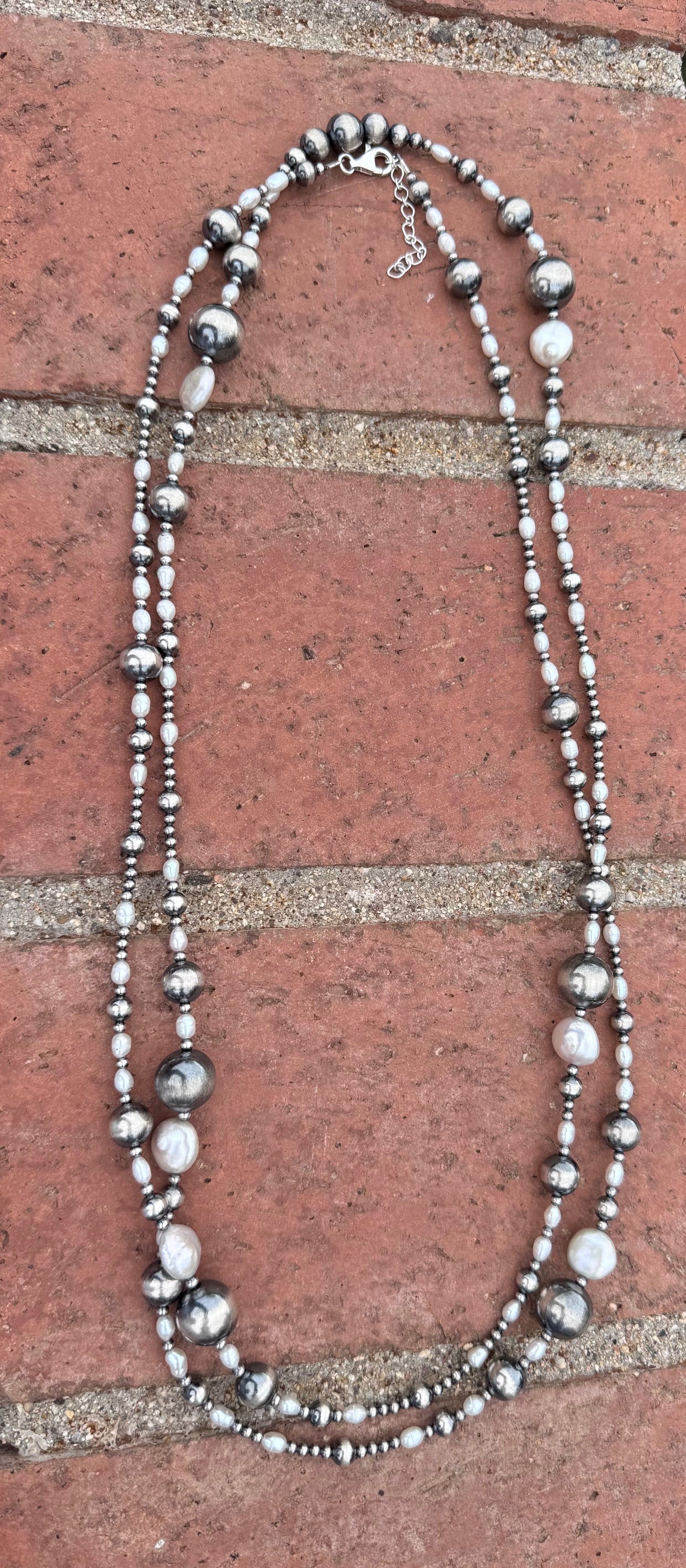 Handcrafted Mother of Pearl & Sterling Silver Pearl 3-14mm Beaded Necklace 58"