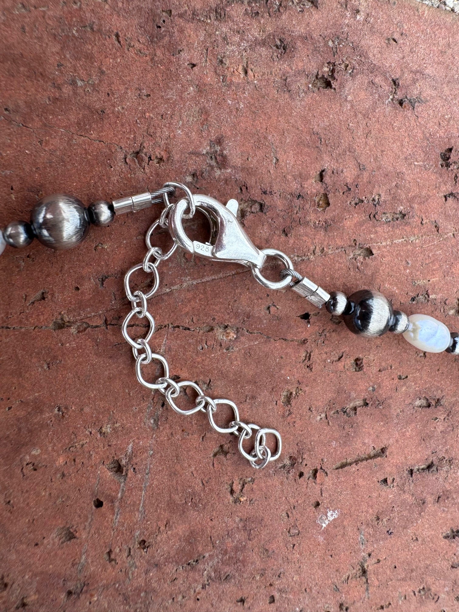 Handcrafted Mother of Pearl & Sterling Silver Pearl 3-14mm Beaded Necklace 58"