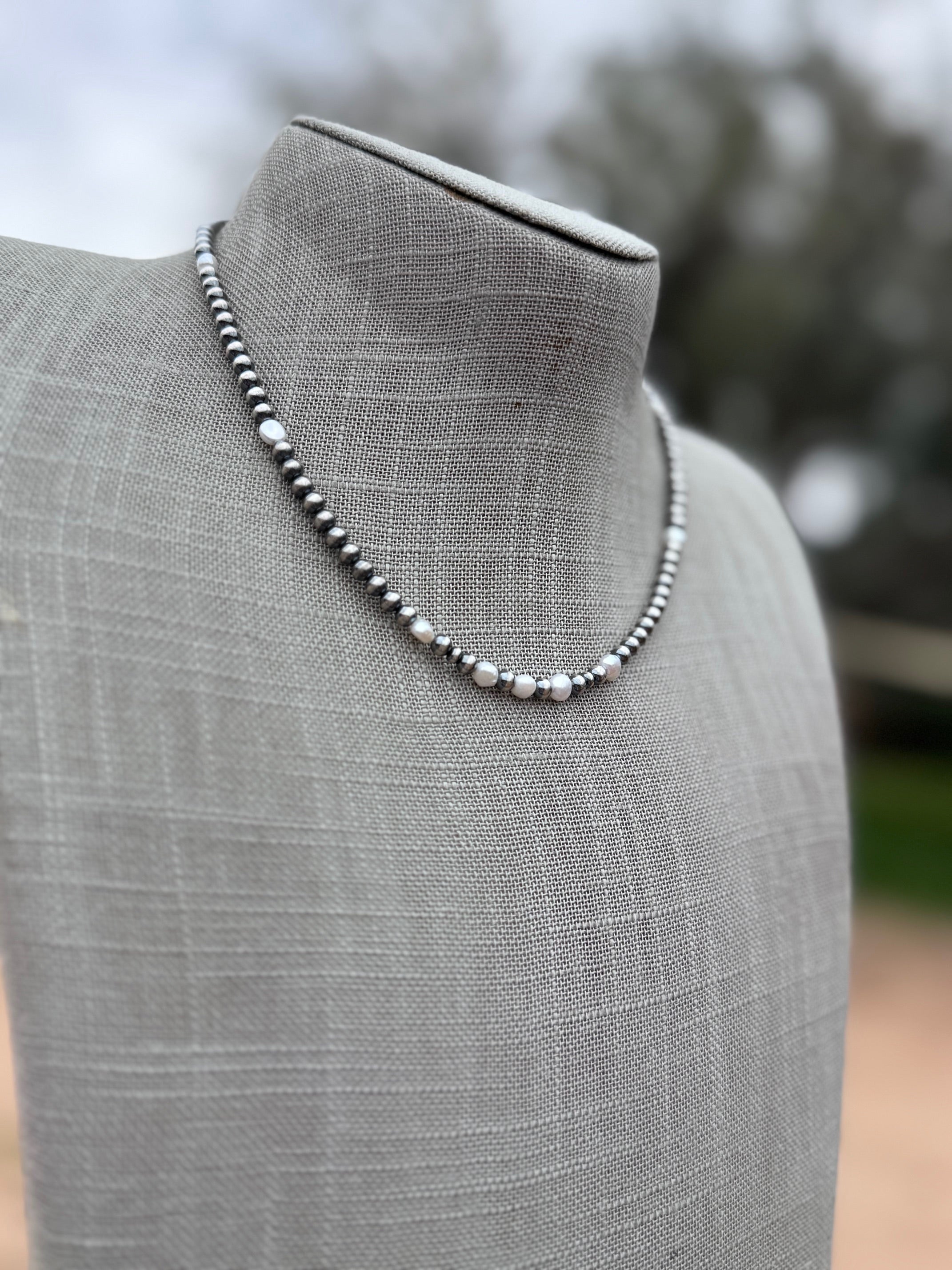 Handcrafted Mother of Pearl & Sterling Silver Pearl 4mm Beaded Necklace 16"