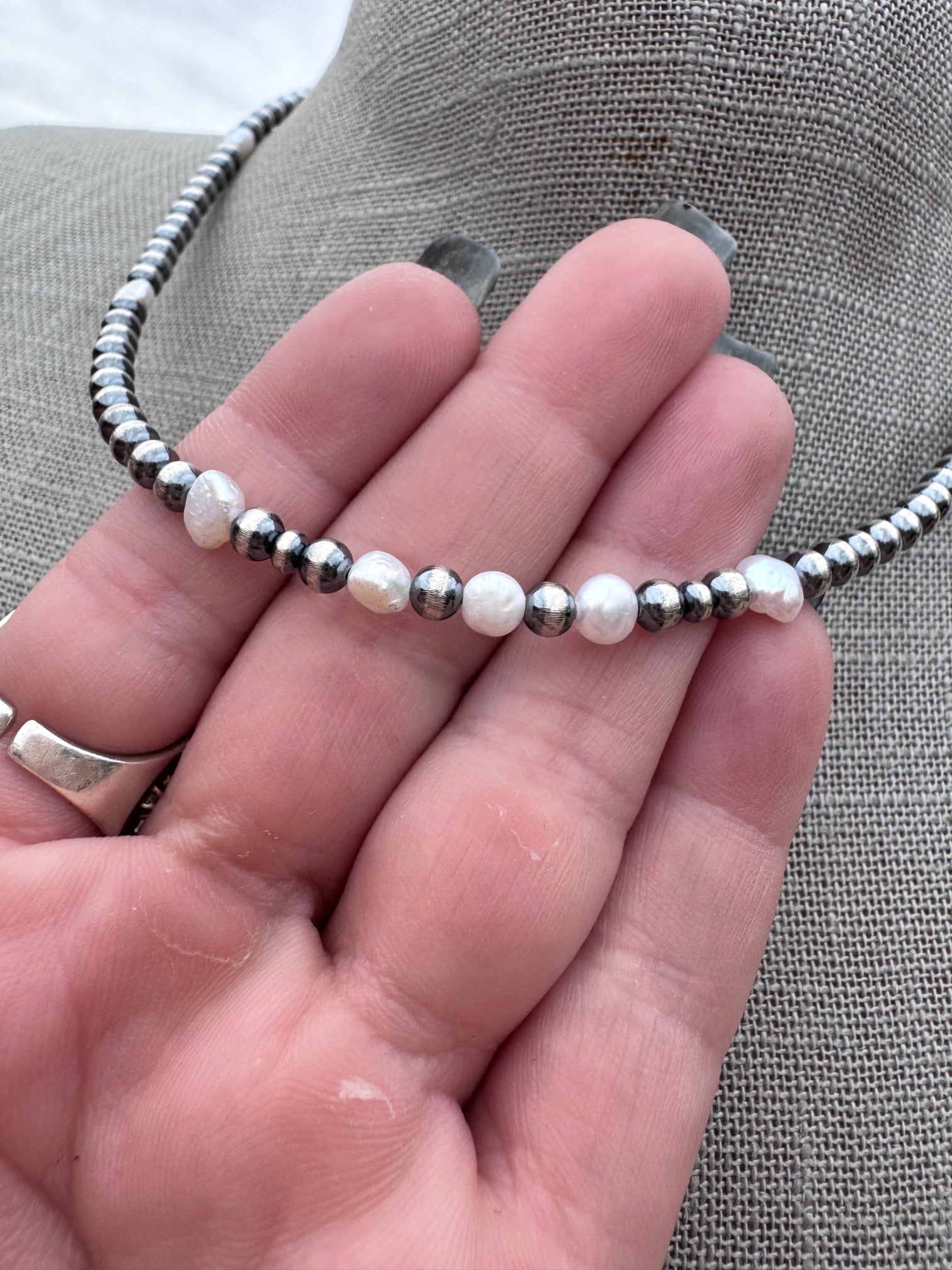 Handcrafted Mother of Pearl & Sterling Silver Pearl 4mm Beaded Necklace 16"