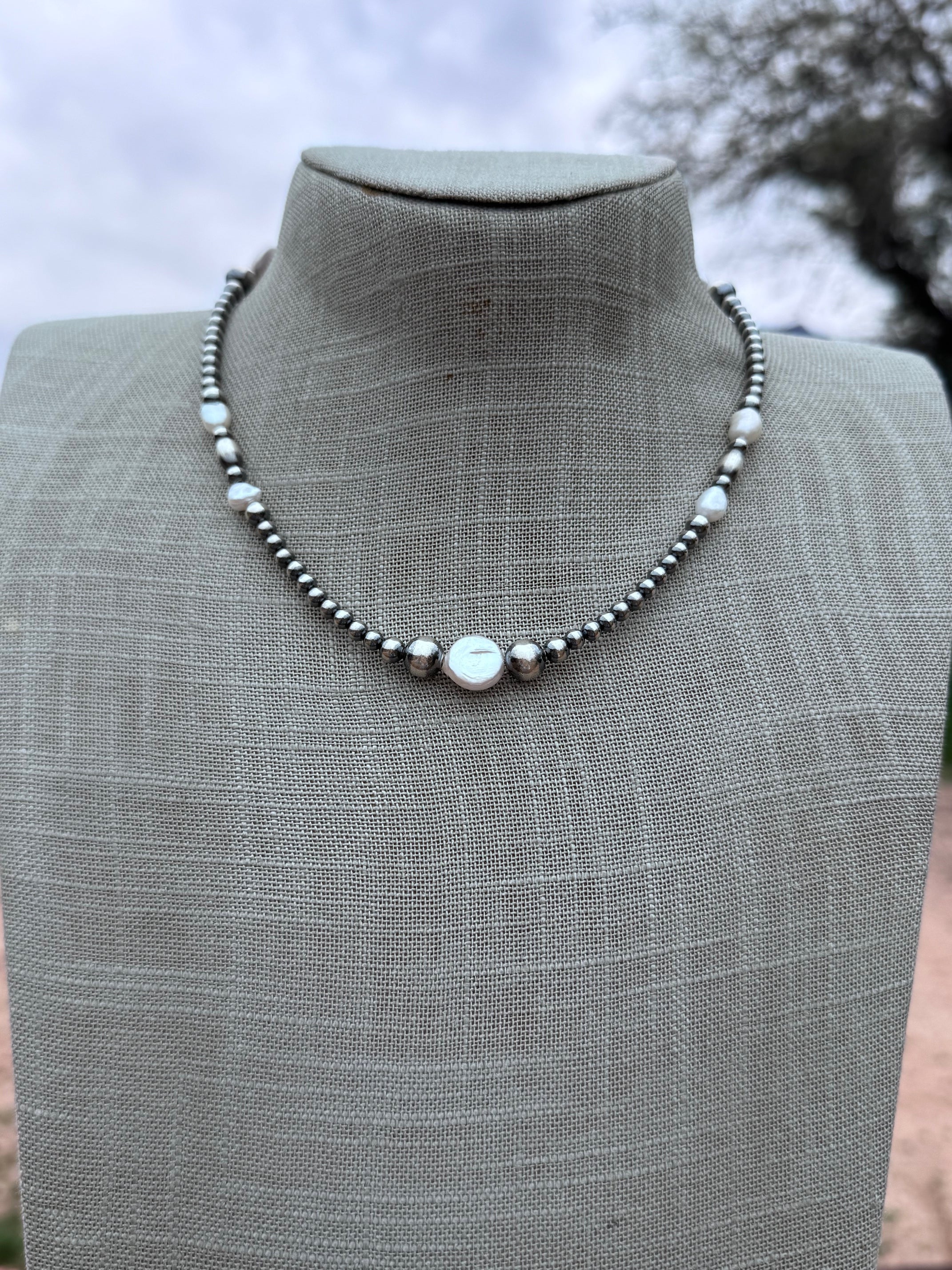 Handcrafted Mother of Pearl & Sterling Silver Pearl 4-8mm Beaded Necklace 16"