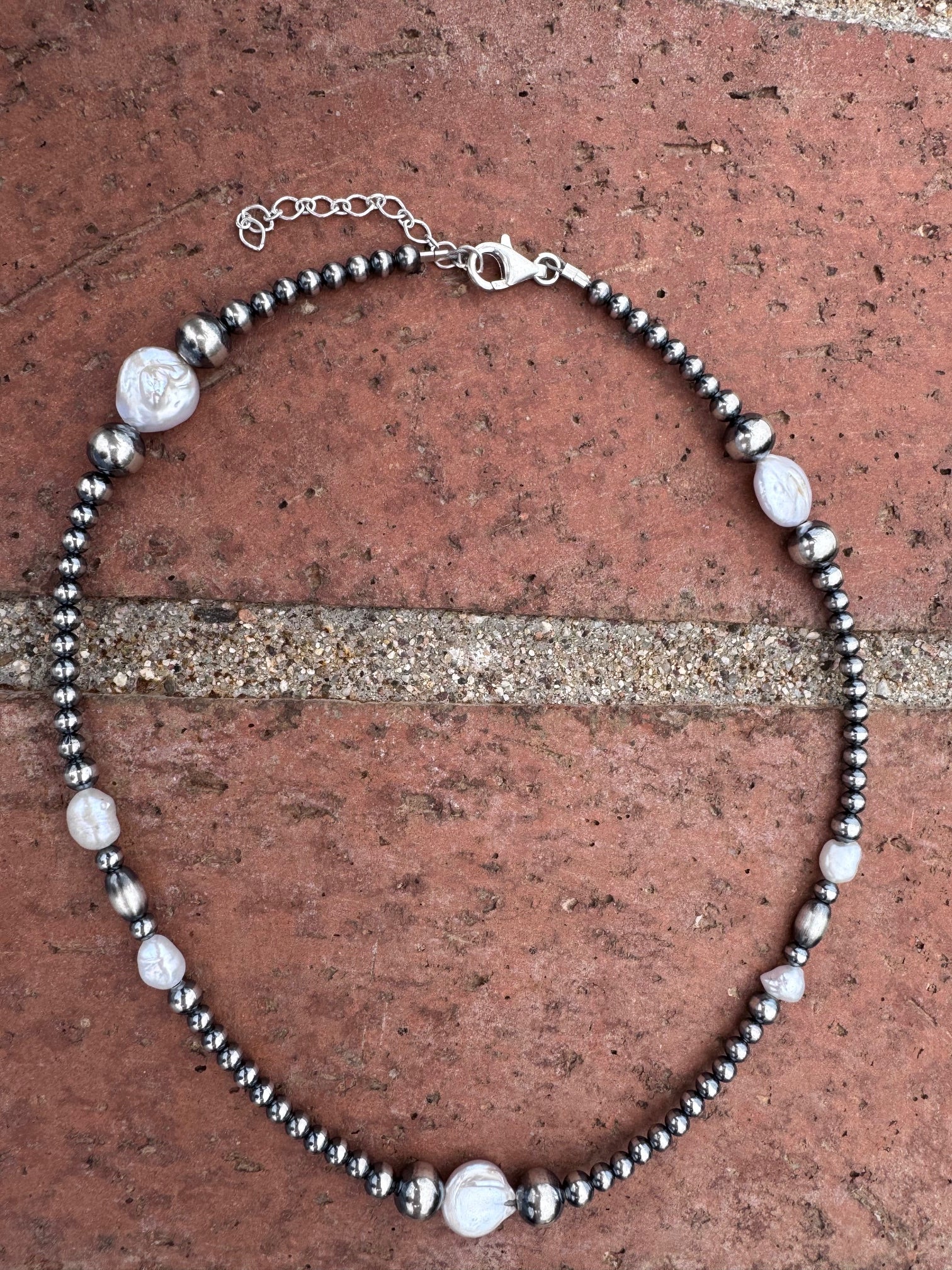 Handcrafted Mother of Pearl & Sterling Silver Pearl 4-8mm Beaded Necklace 16"