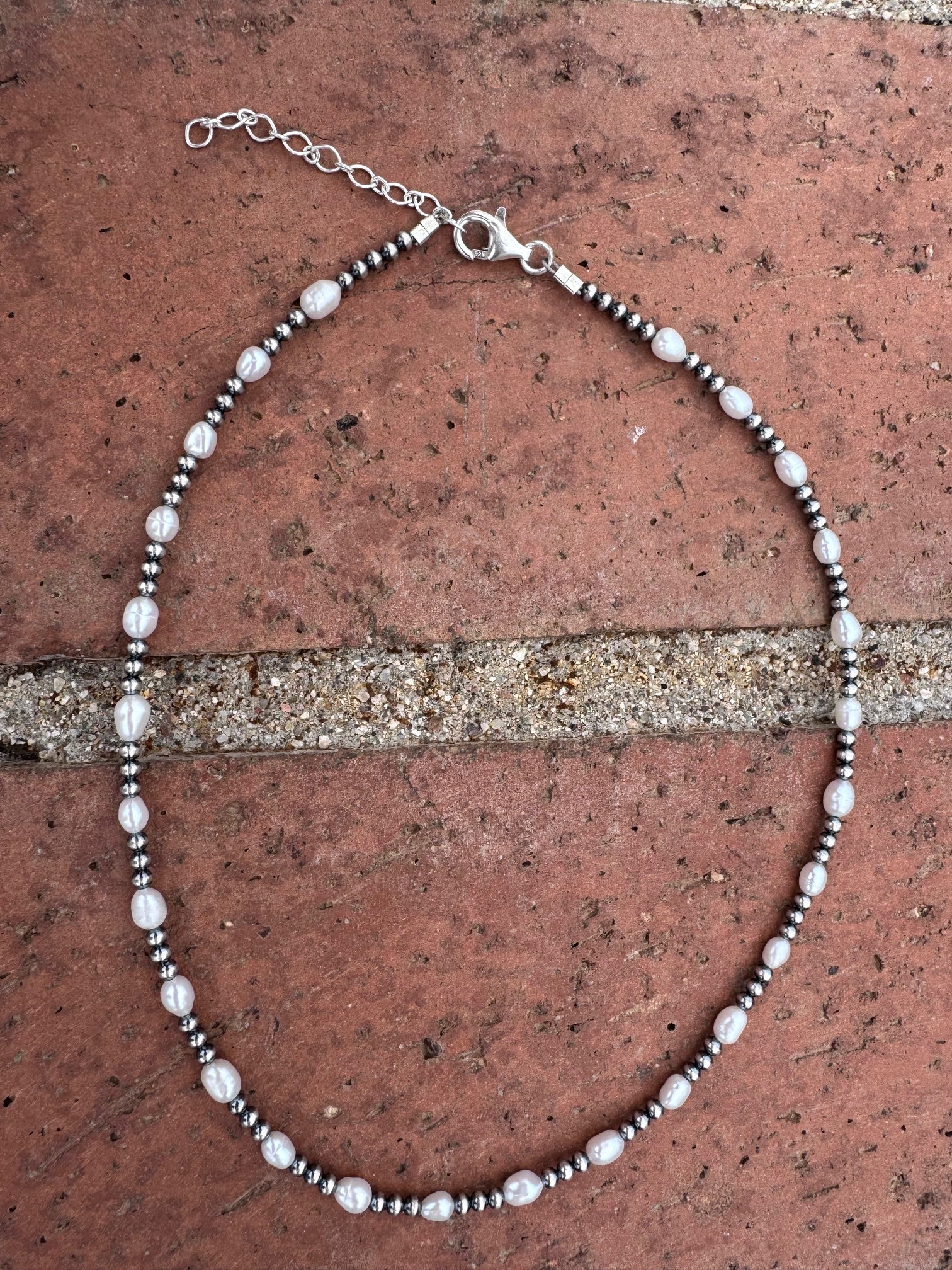 Handcrafted Mother of Pearl & Sterling Silver Pearl 3mm Beaded Necklace 16"