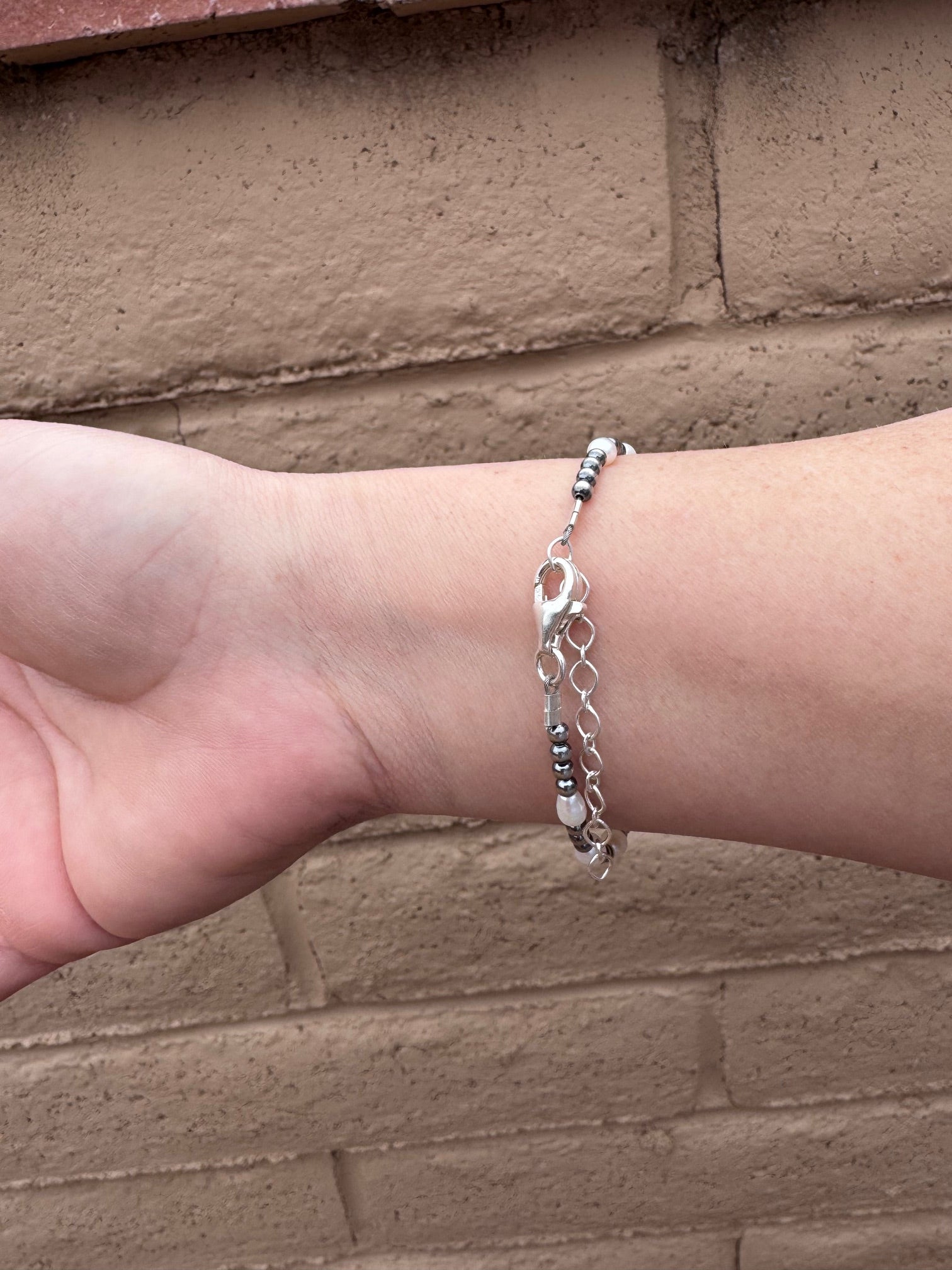 Handcrafted Mother of Pearl & Sterling Silver Pearl 3mm Beaded Bracelet 7.5"