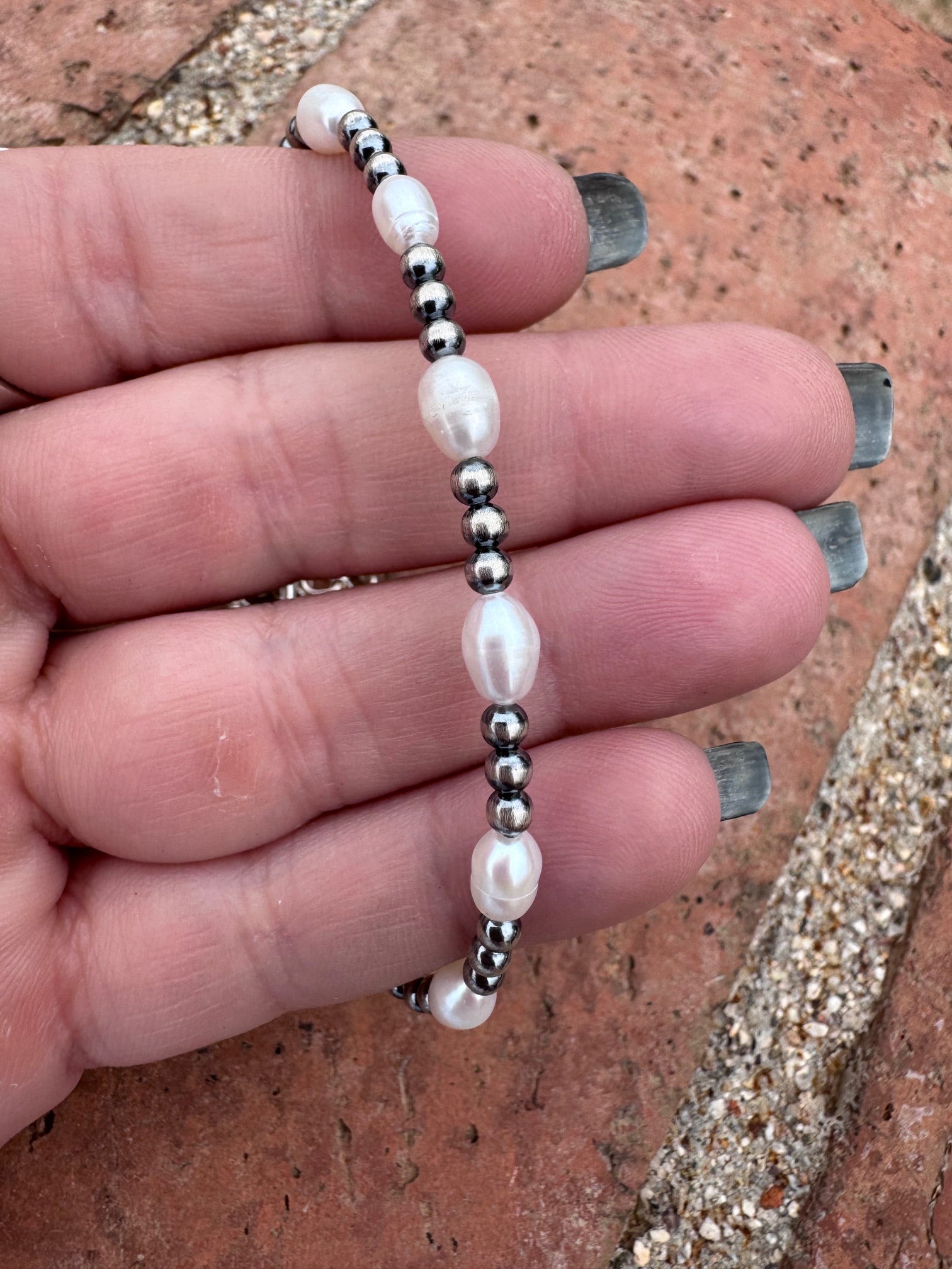 Handcrafted Mother of Pearl & Sterling Silver Pearl 3mm Beaded Bracelet 7.5"