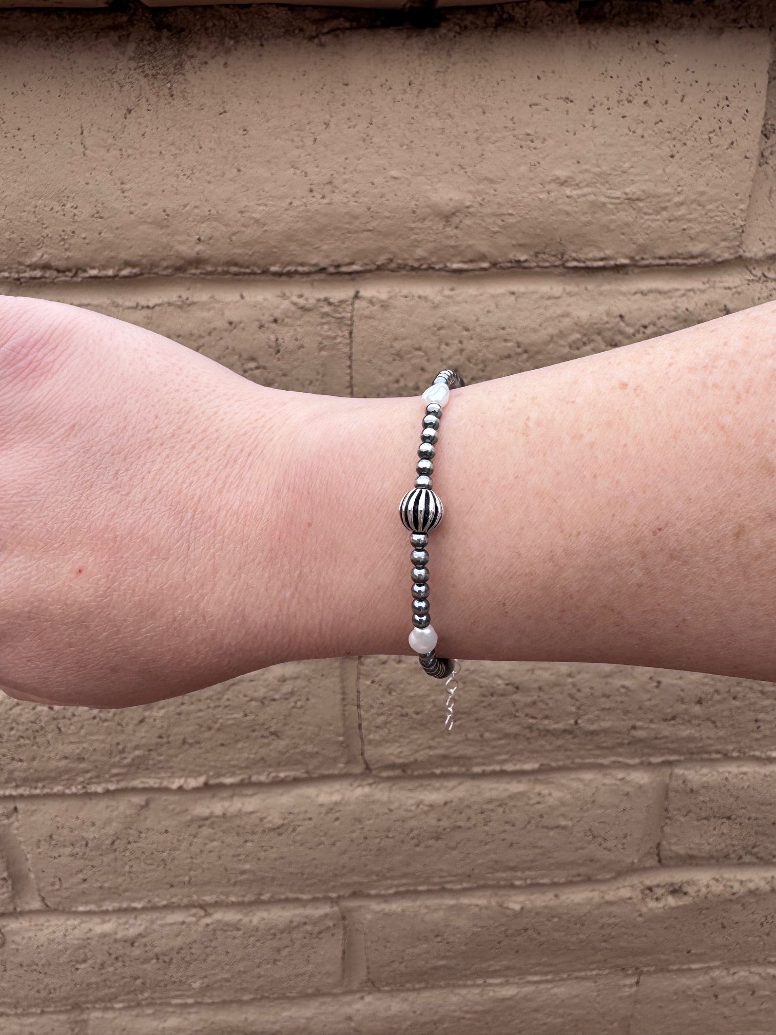 Handcrafted Mother of Pearl & Sterling Silver Pearl 3-6mm Beaded Bracelet 7"