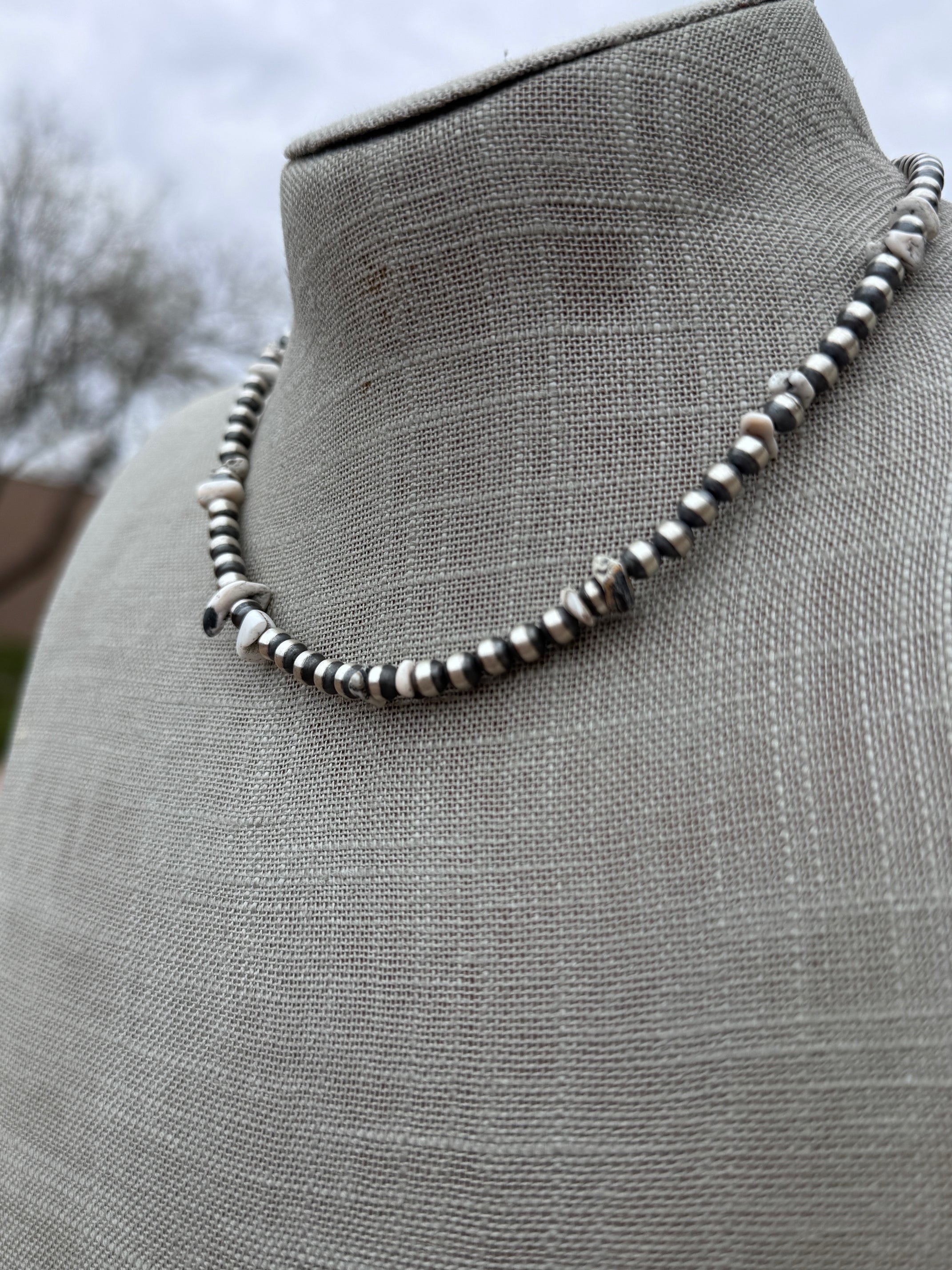 Handcrafted Sterling Silver & White Buffalo 5mm Beaded Necklace 15.5"