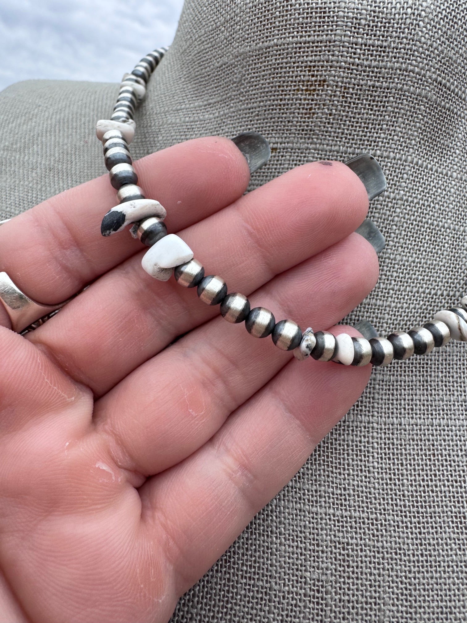 Handcrafted Sterling Silver & White Buffalo 5mm Beaded Necklace 15.5"