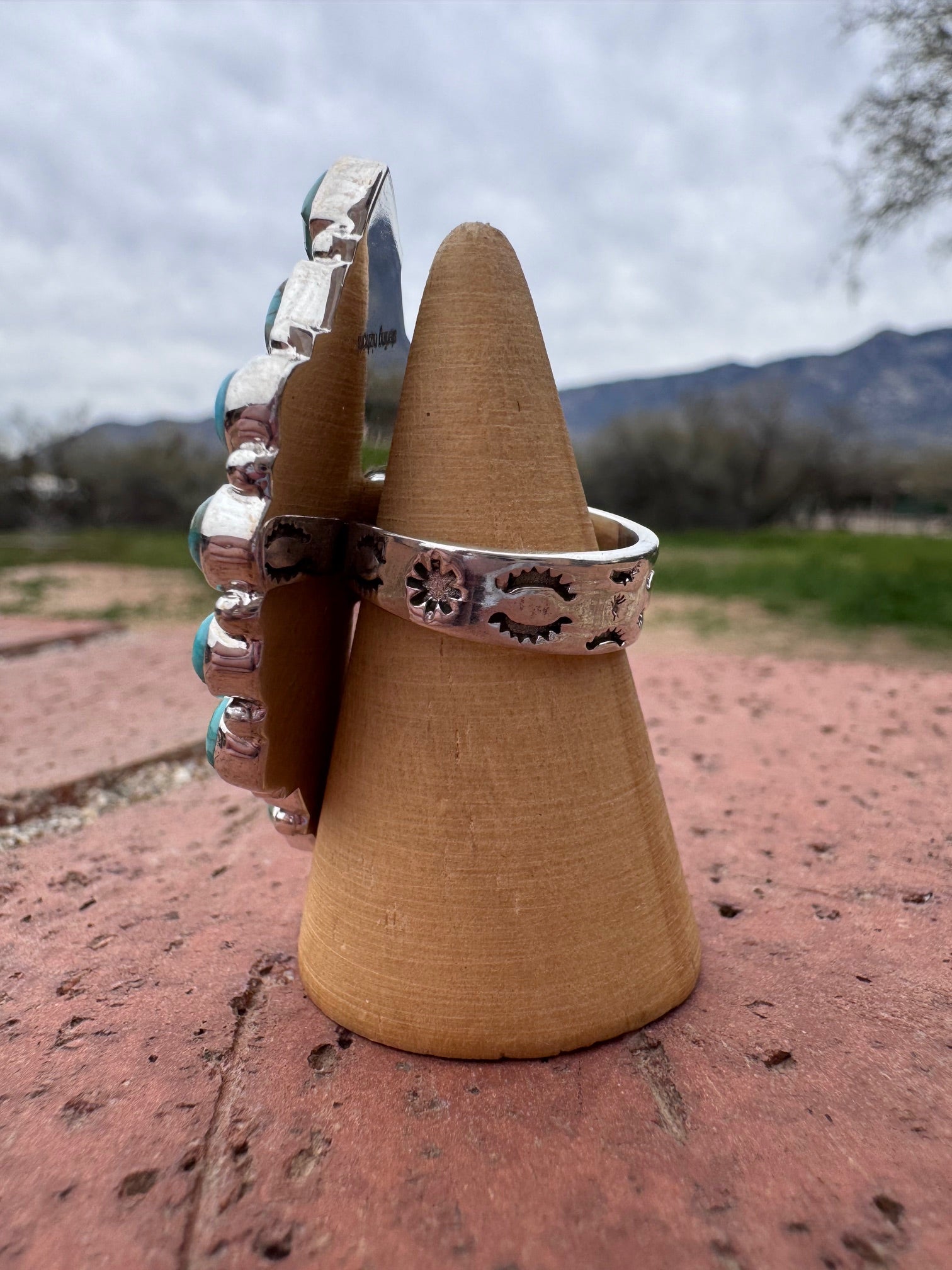 Beautiful Handmade Turquoise, Pink Tigers Eye And Sterling Silver Adjustable Ring Signed Nizhoni