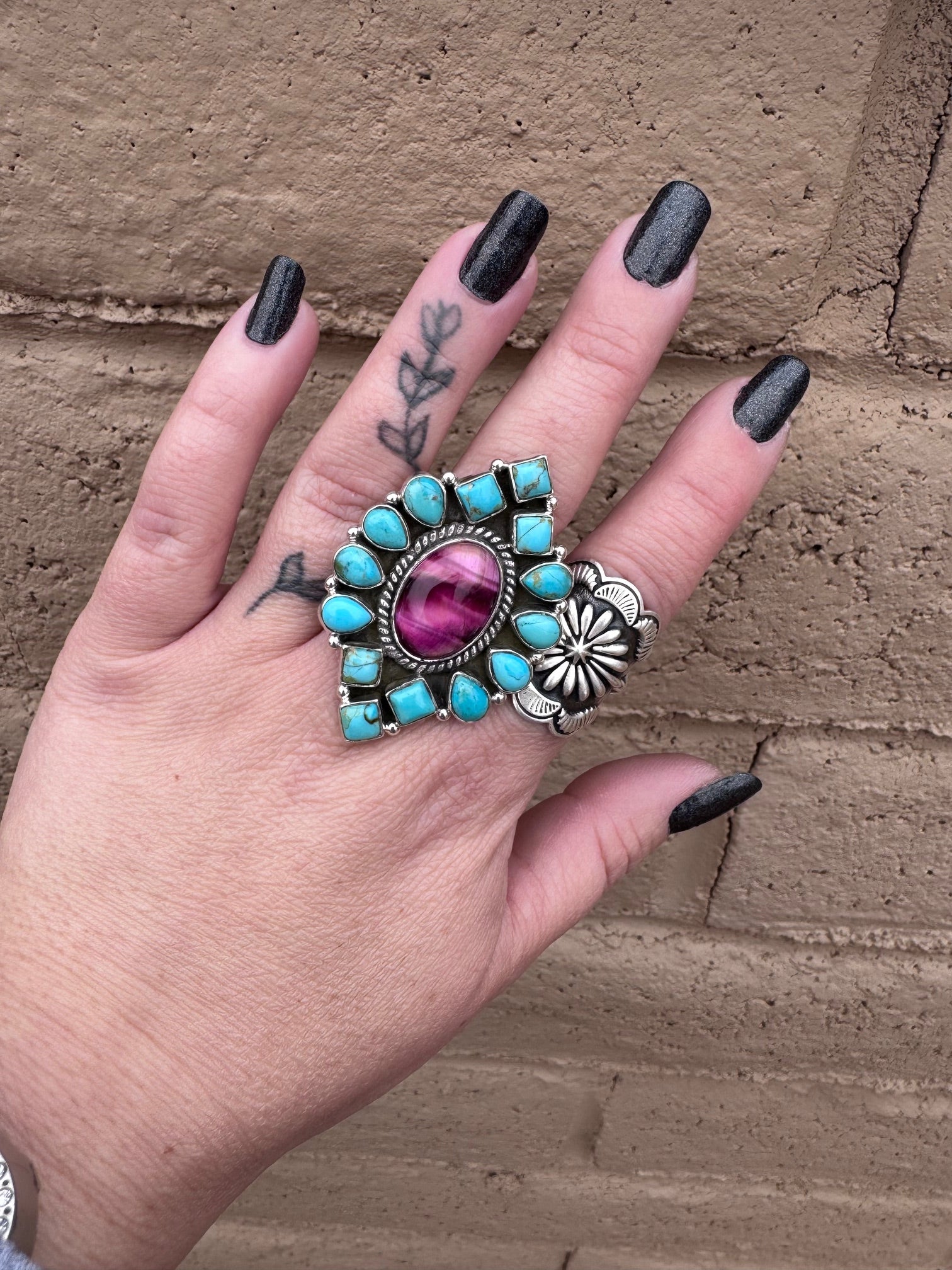 Beautiful Handmade Turquoise, Pink Tigers Eye And Sterling Silver Adjustable Ring Signed Nizhoni