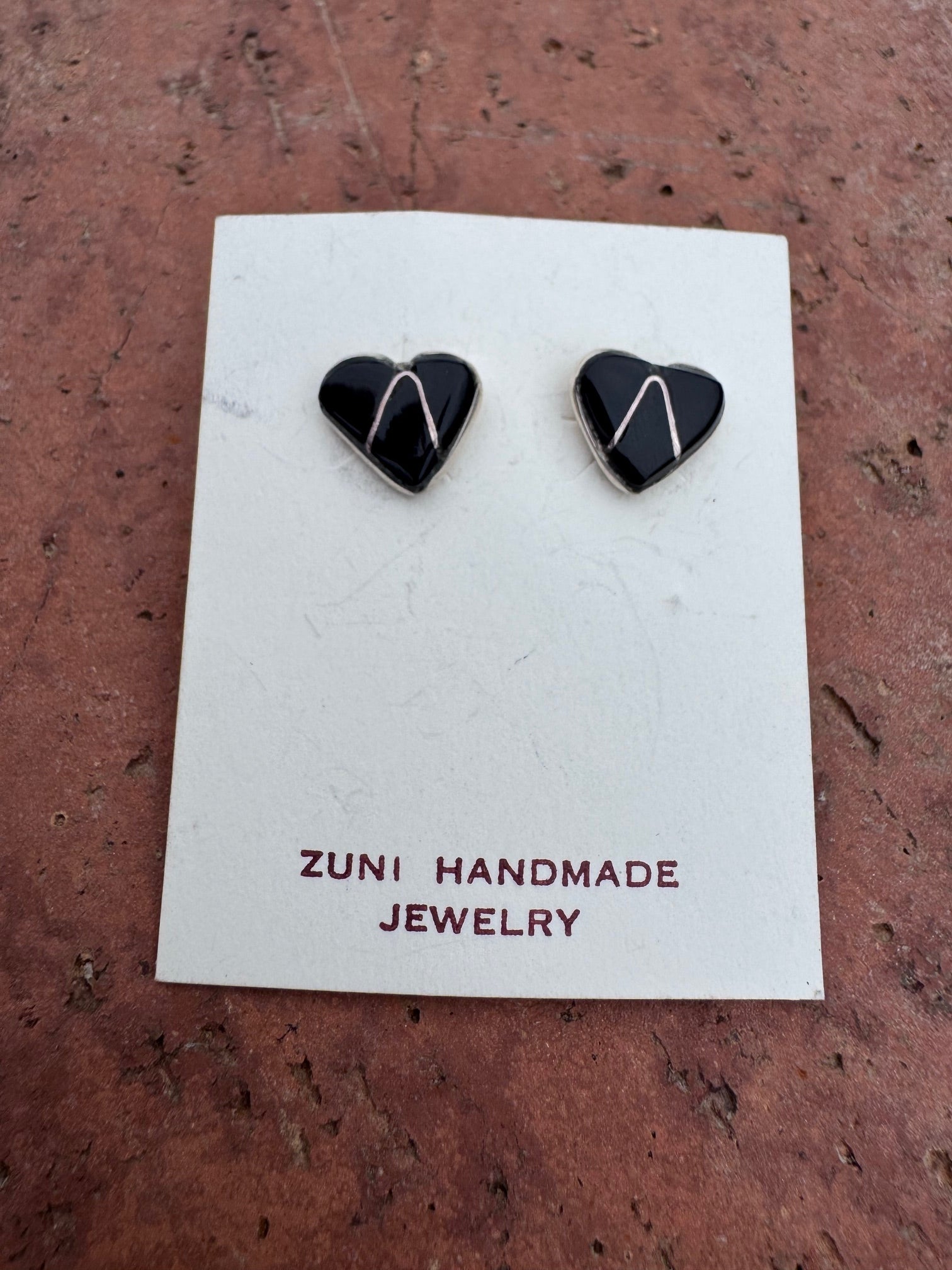 Handcrafted Sterling Silver & Black Onyx Inlay Stud Heart Earrings