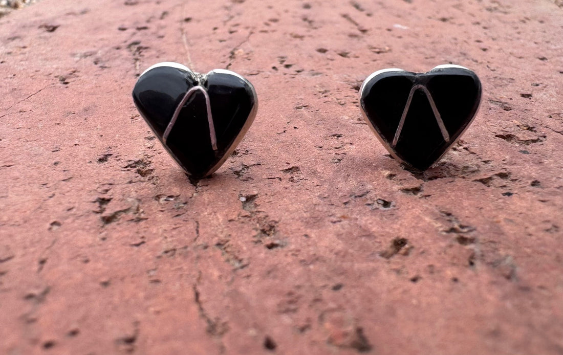 Handcrafted Sterling Silver & Black Onyx Inlay Stud Heart Earrings
