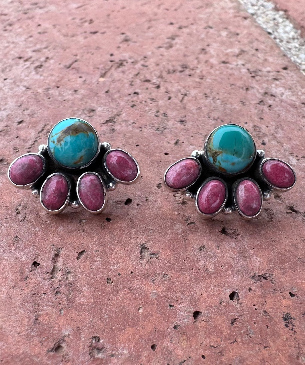 Handmade Sterling Silver, Kingman Turquoise & Rhodochrosite Stone Post Crescent Earrings