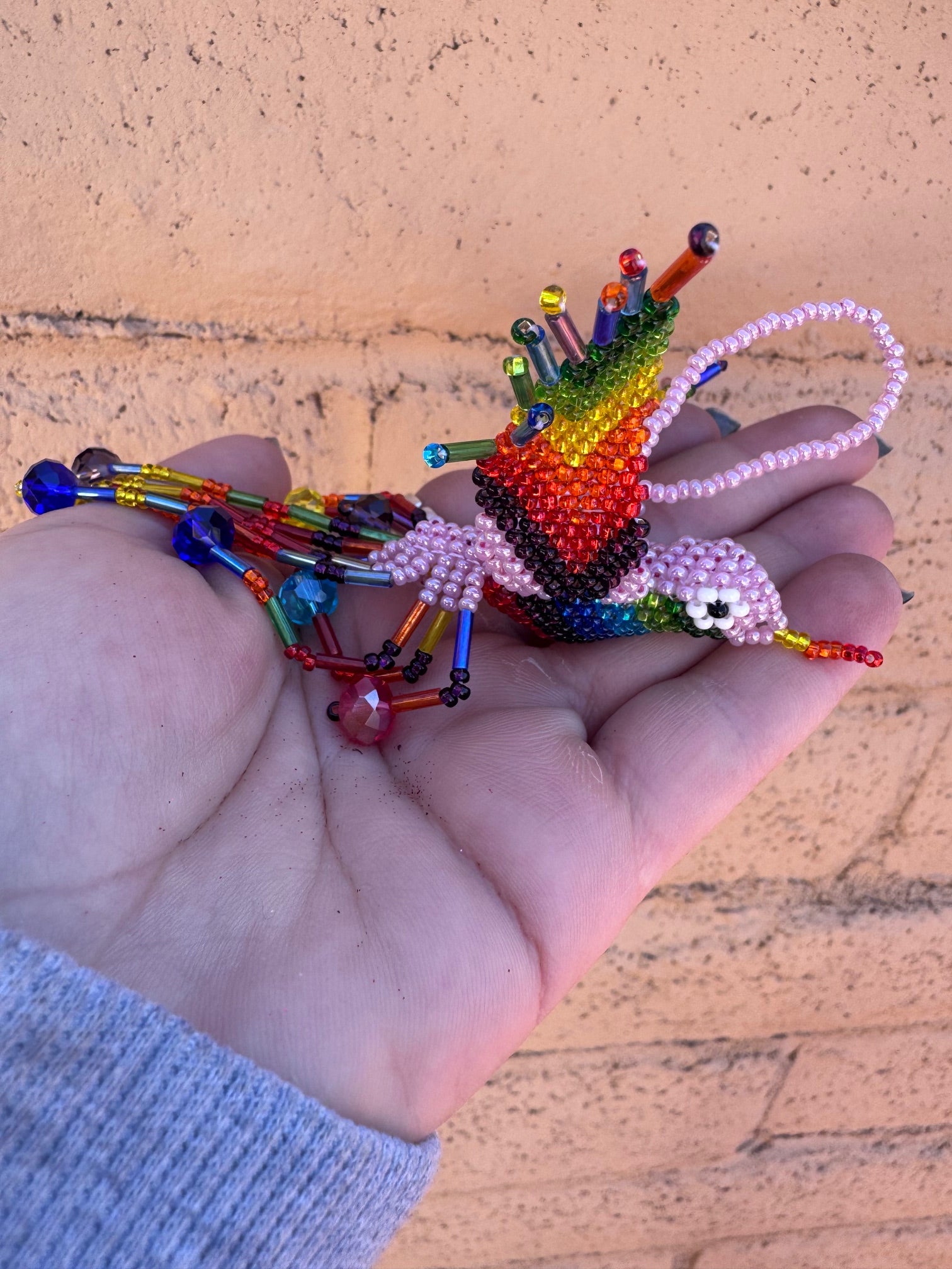 Handmade Beaded Light Pink Hummingbird Keychain