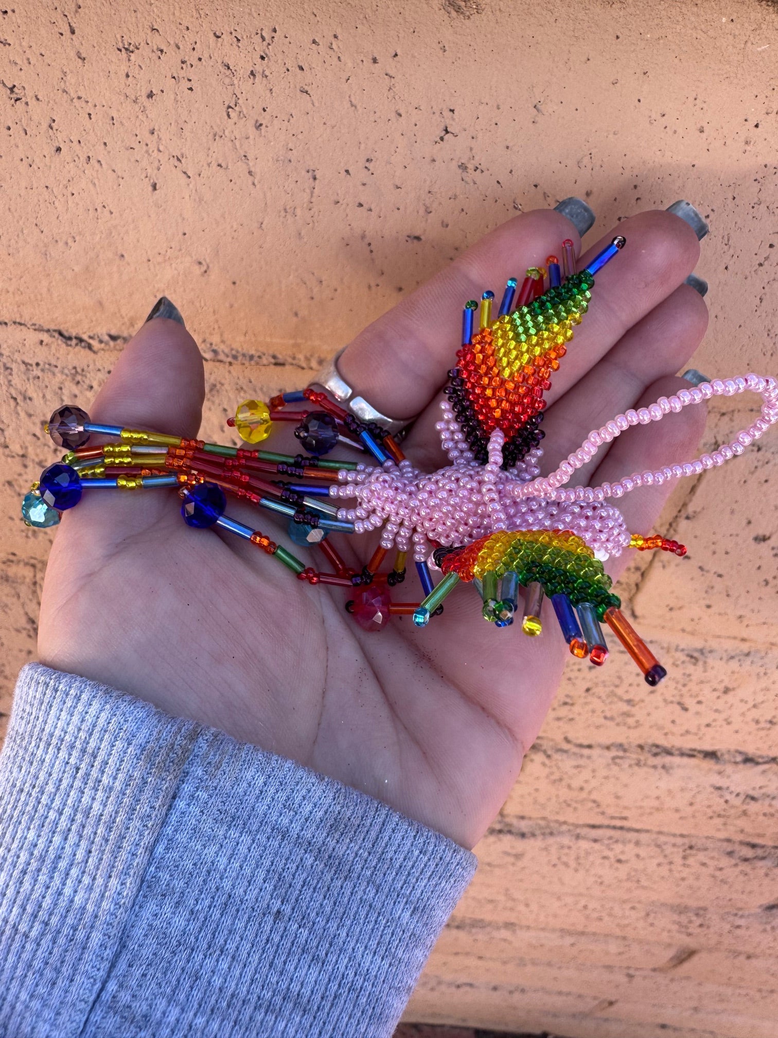 Handmade Beaded Light Pink Hummingbird Keychain