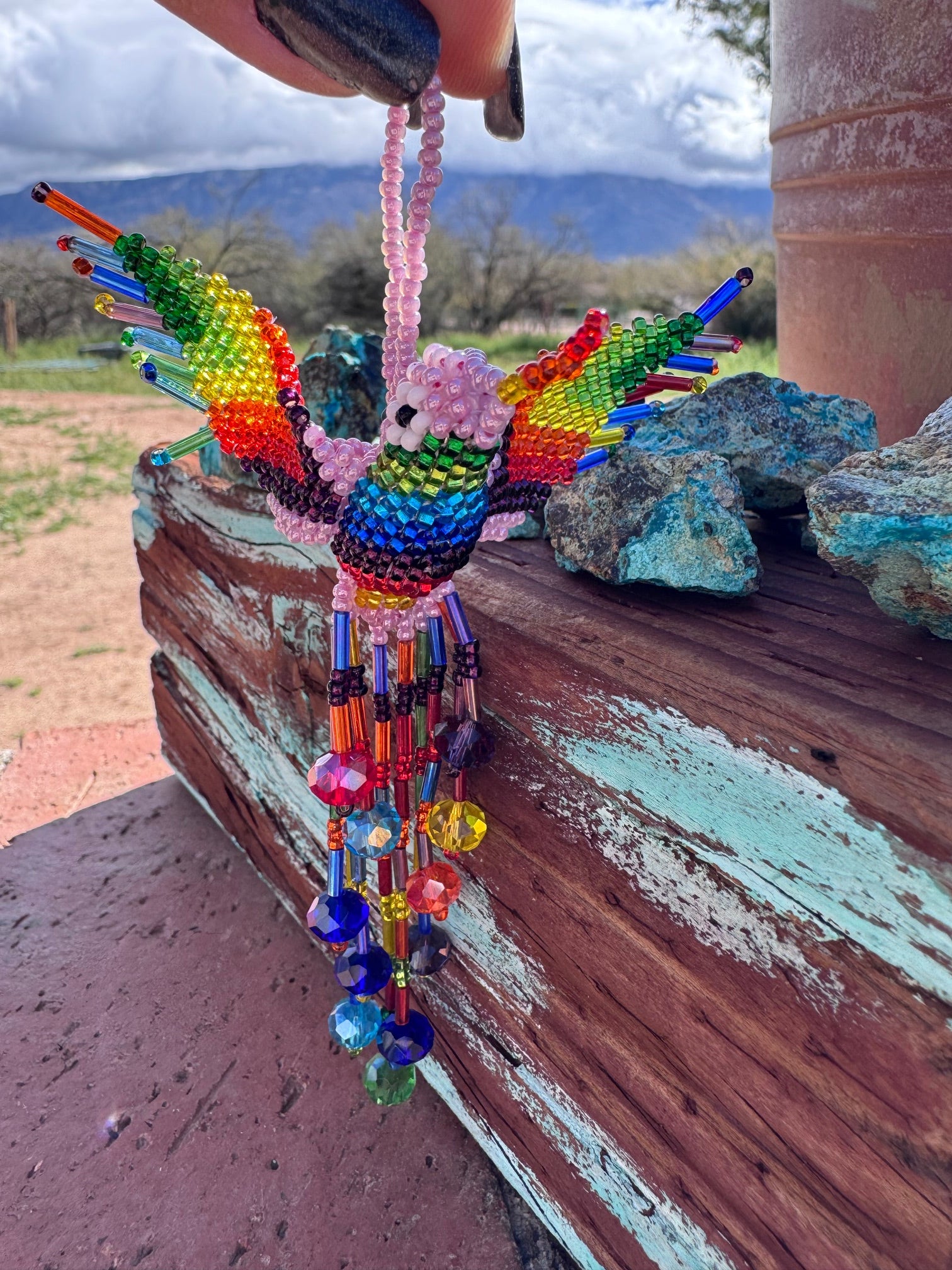 Handmade Beaded Light Pink Hummingbird Keychain
