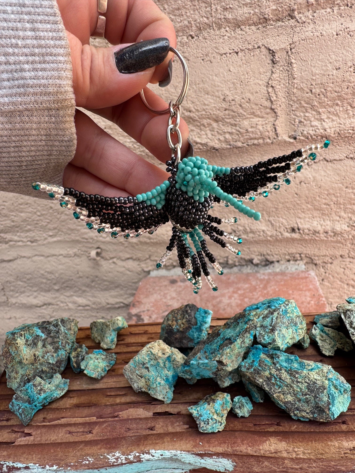 Handmade Beaded Black & Blue Hummingbird Keychain