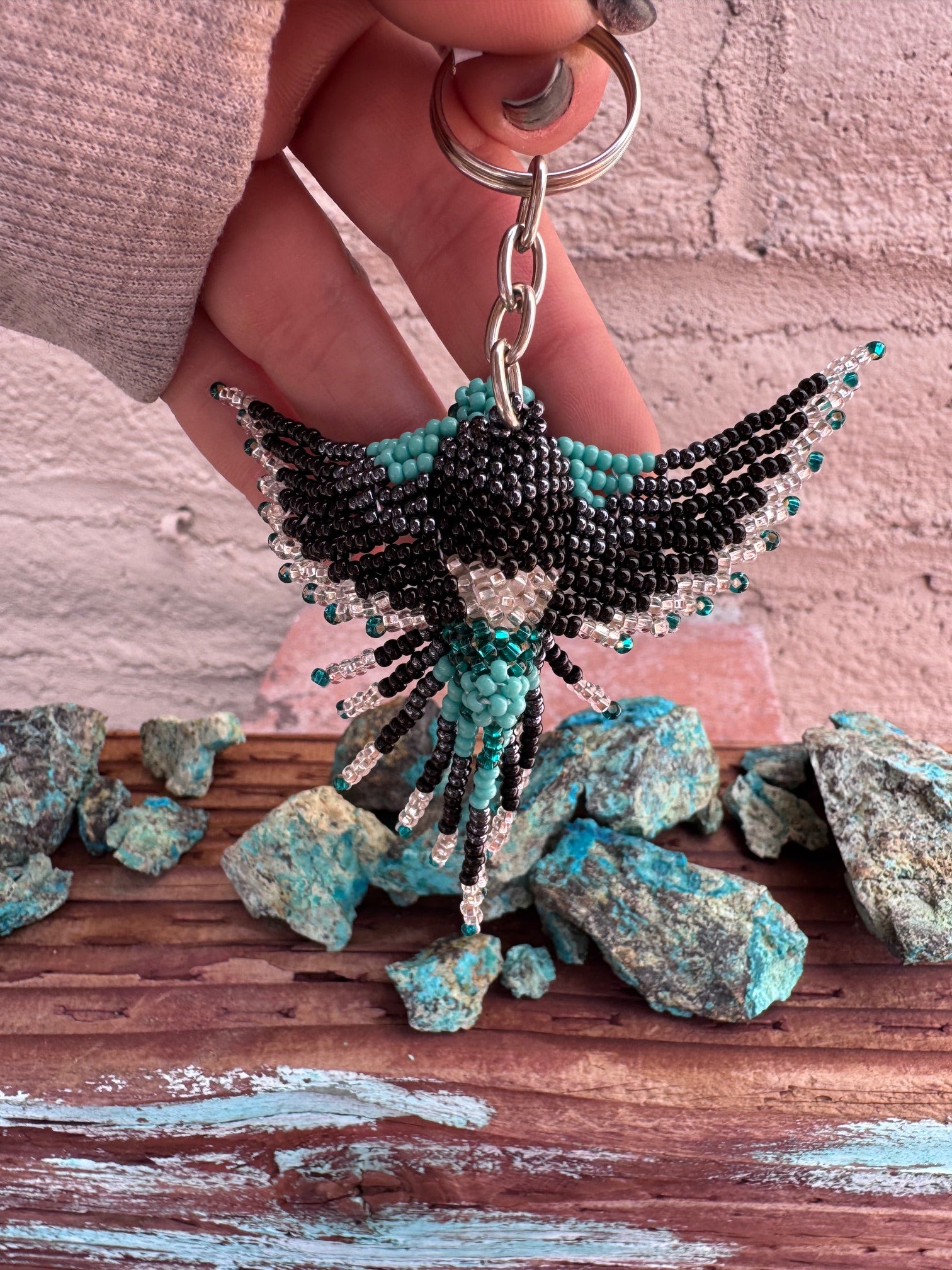 Handmade Beaded Black & Blue Hummingbird Keychain