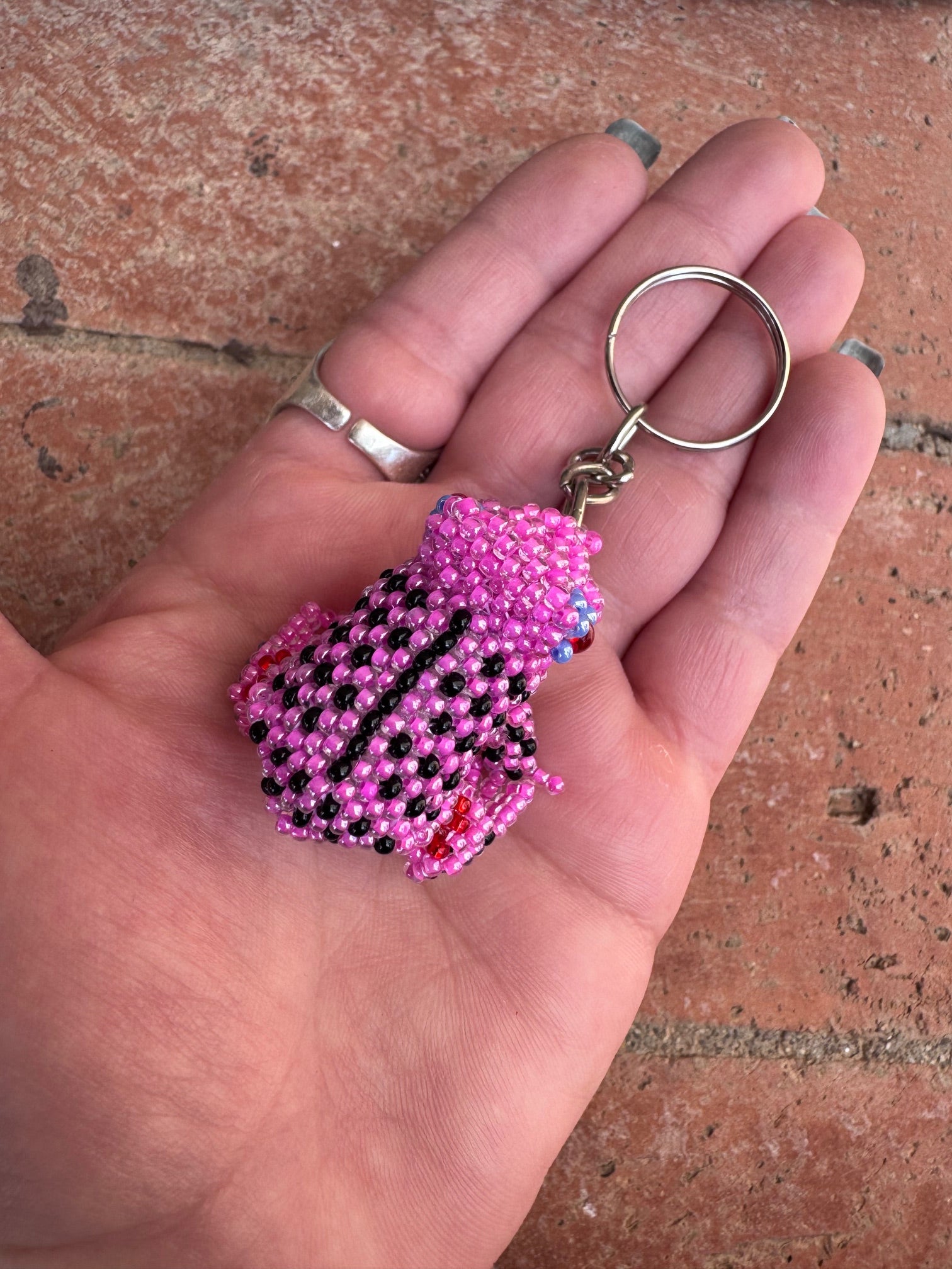 Handmade Beaded Pink Frog Keychain