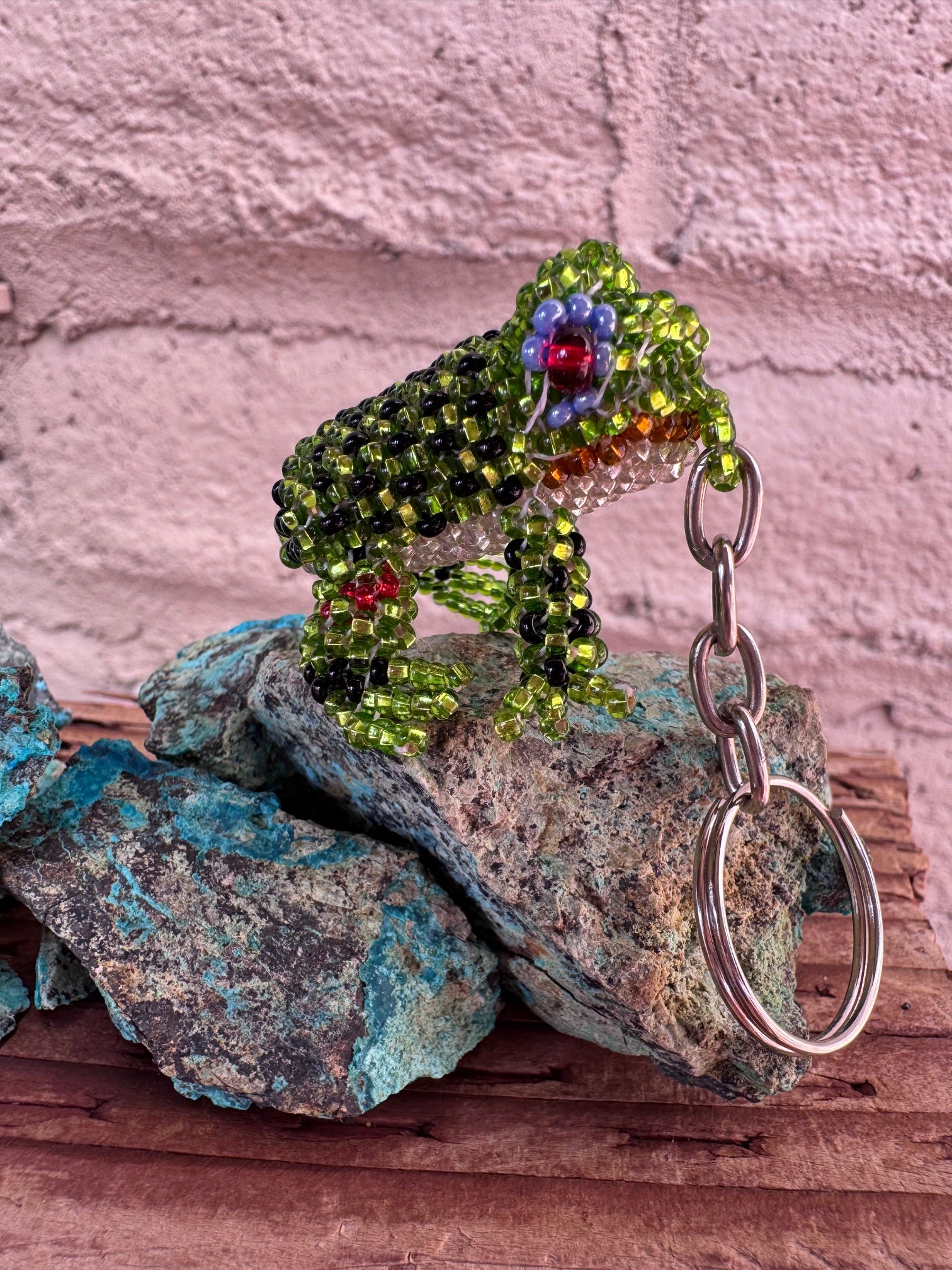 Handmade Beaded Light Green Colored Frog Keychain