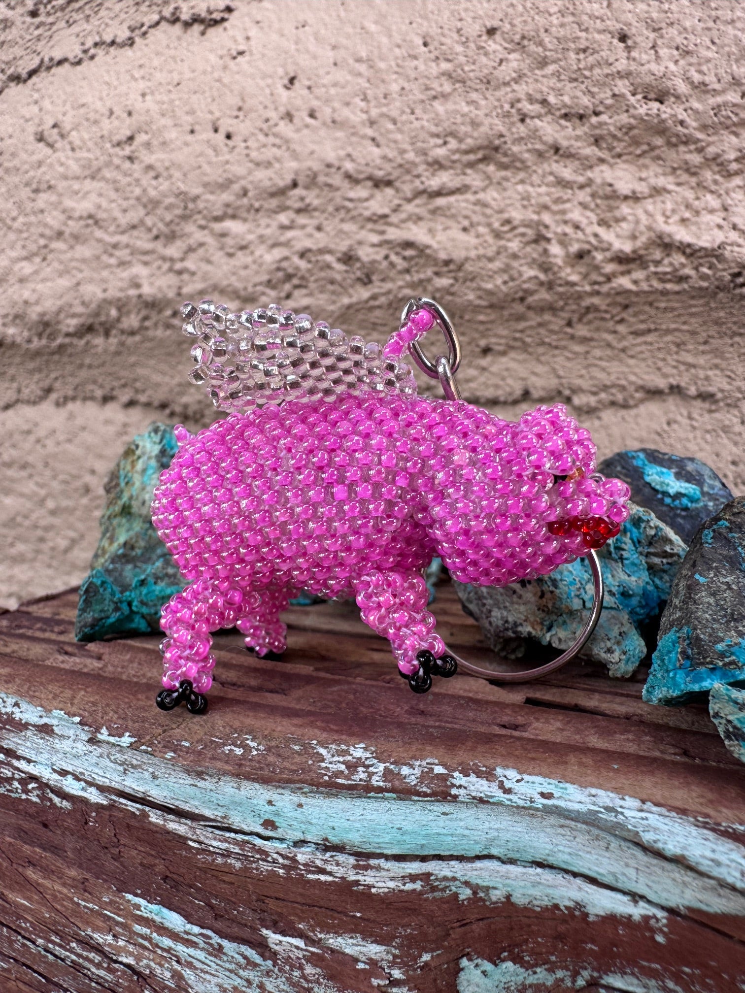 Handmade Beaded Pink Flying Pig Keychain