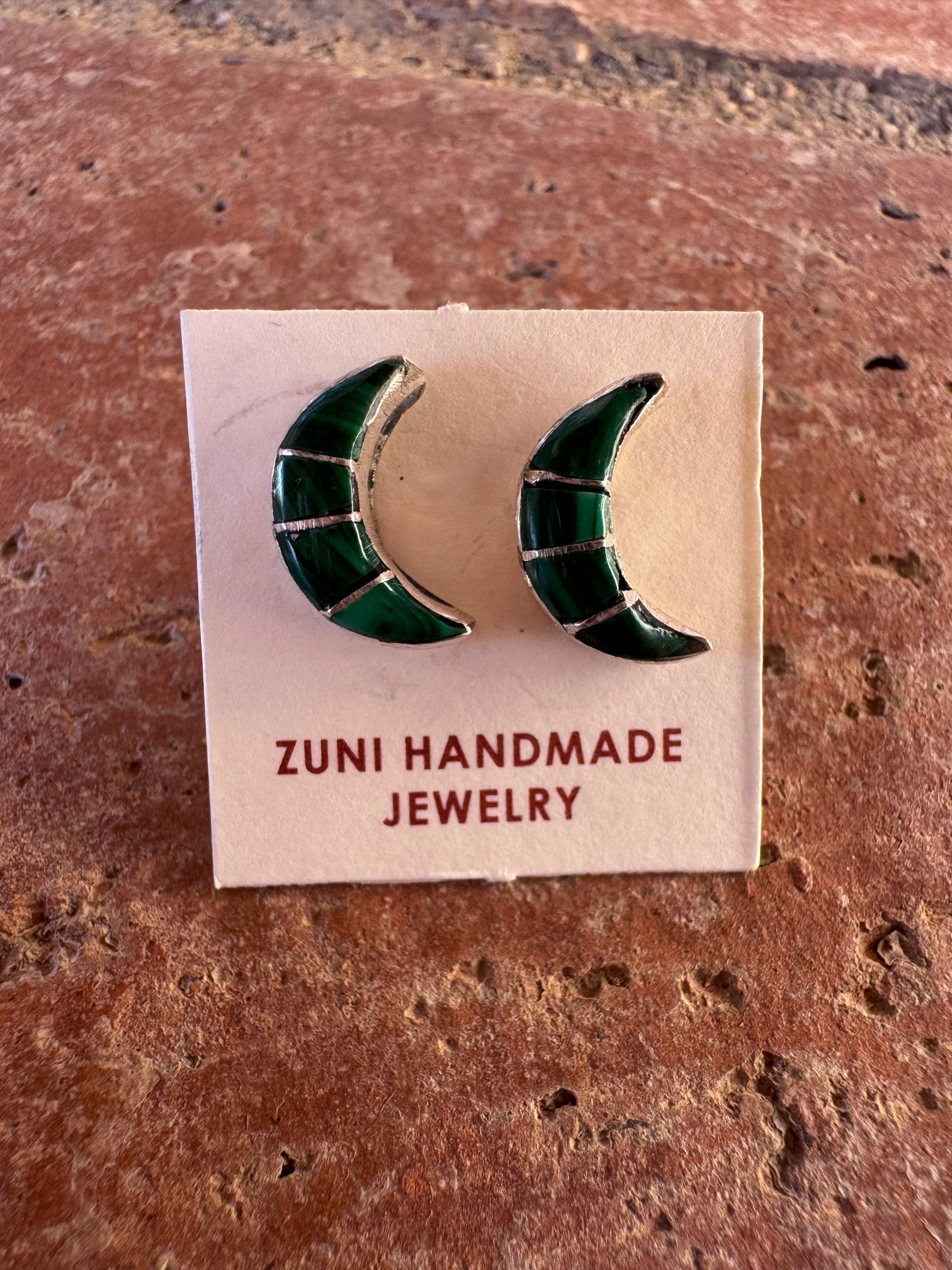 Handcrafted Sterling Silver & Malachite Inlay Moon Stud Earrings