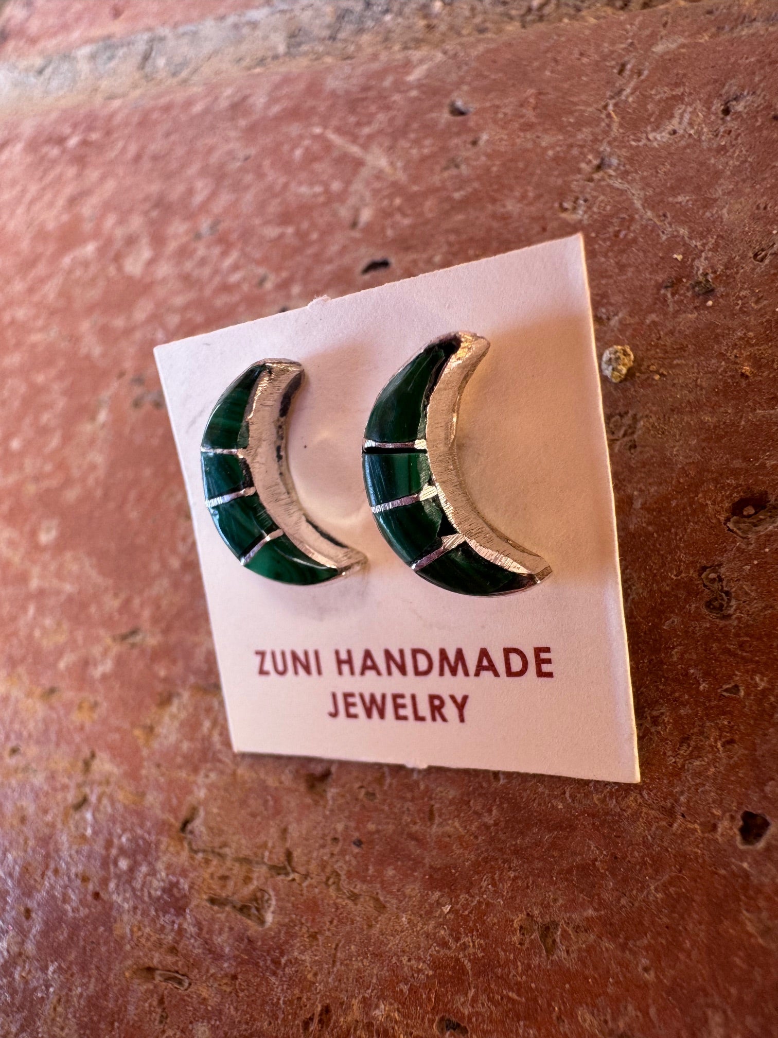 Handcrafted Sterling Silver & Malachite Inlay Moon Stud Earrings