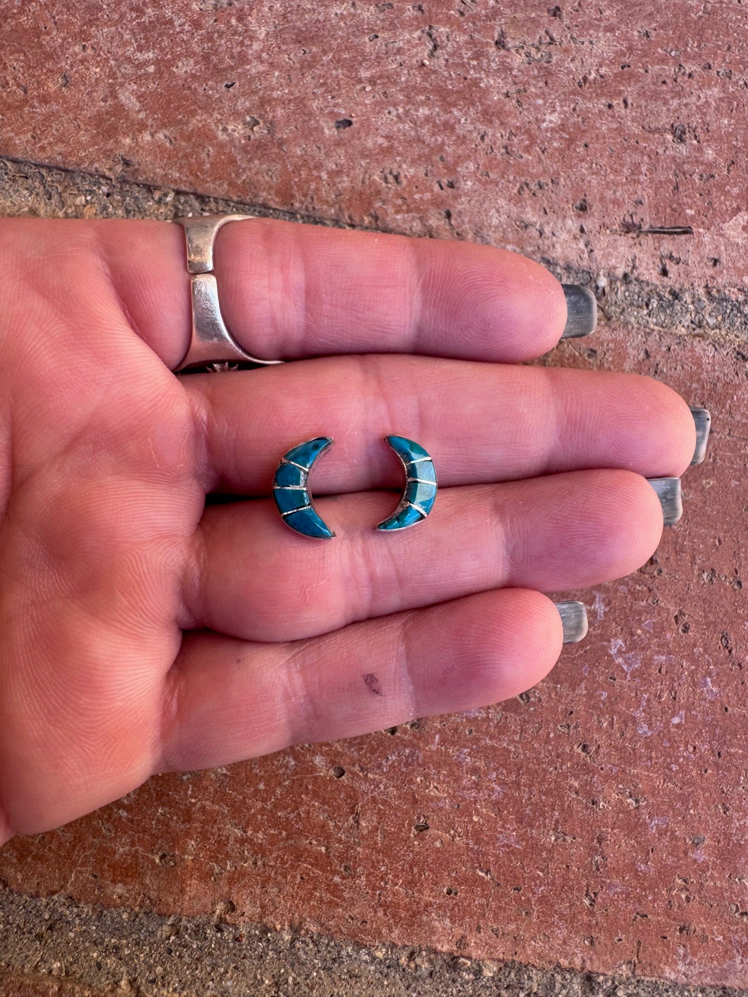 Handcrafted Sterling Silver & Turquoise Inlay Moon Stud Earrings