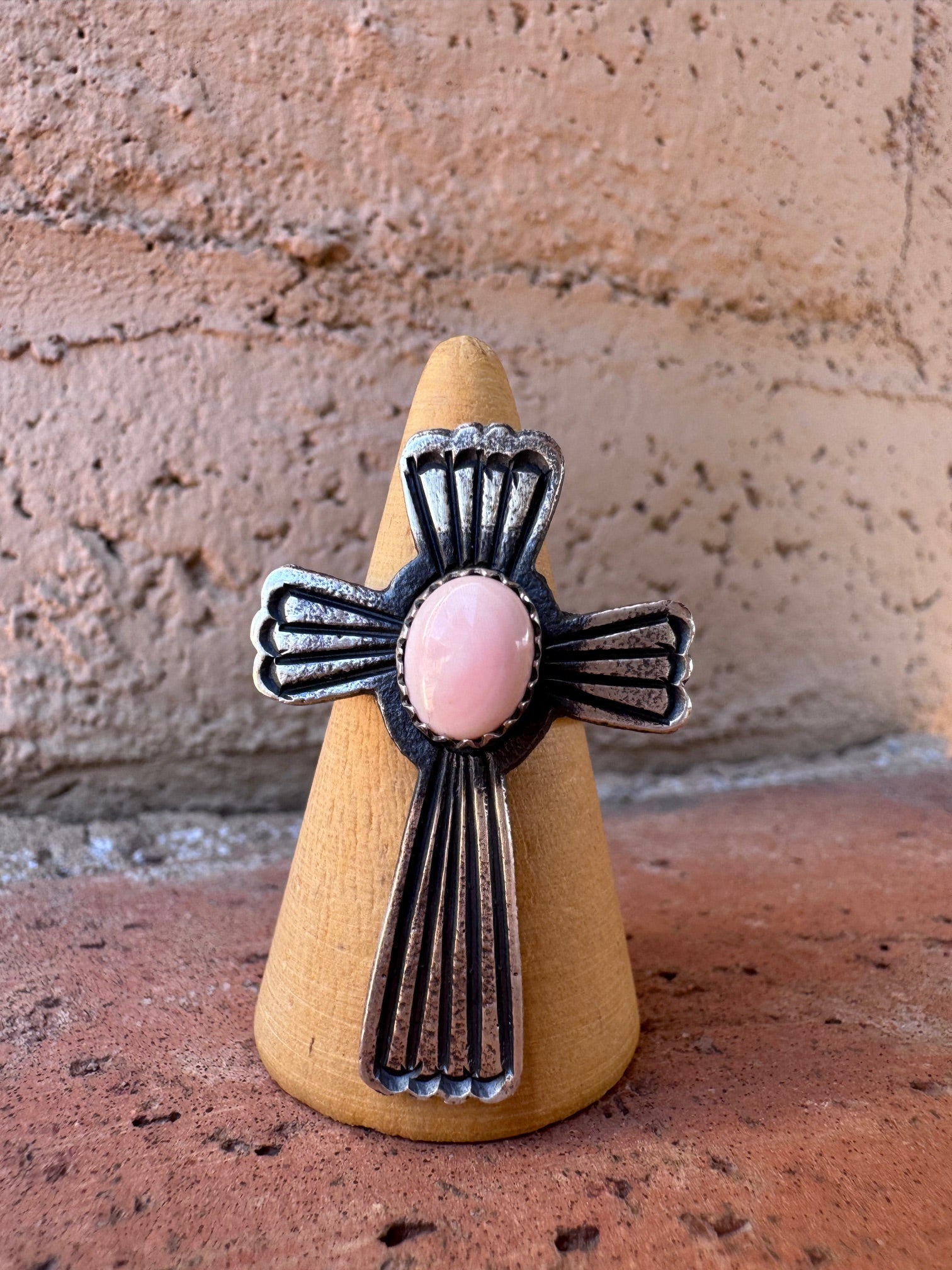 Handcrafted Queen Pink Conch & Sterling Silver Adjustable Cross Ring by Kevin Billah