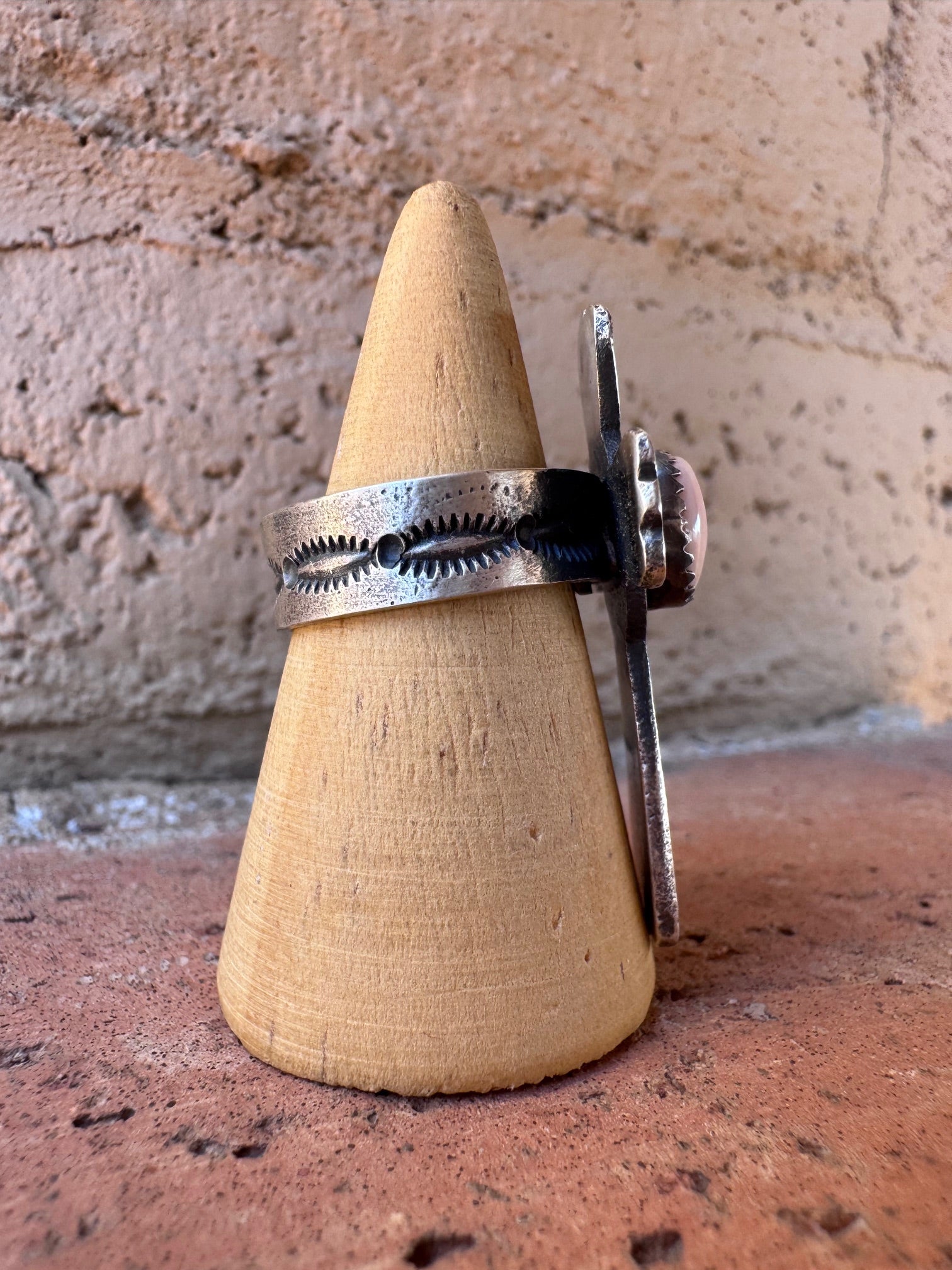 Handcrafted Queen Pink Conch & Sterling Silver Adjustable Cross Ring by Kevin Billah