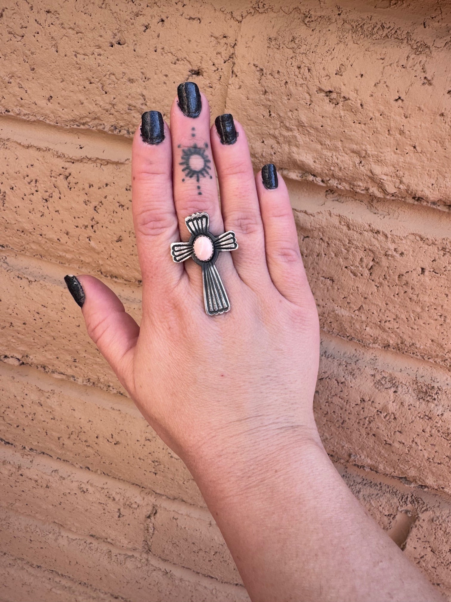 Handcrafted Queen Pink Conch & Sterling Silver Adjustable Cross Ring by Kevin Billah