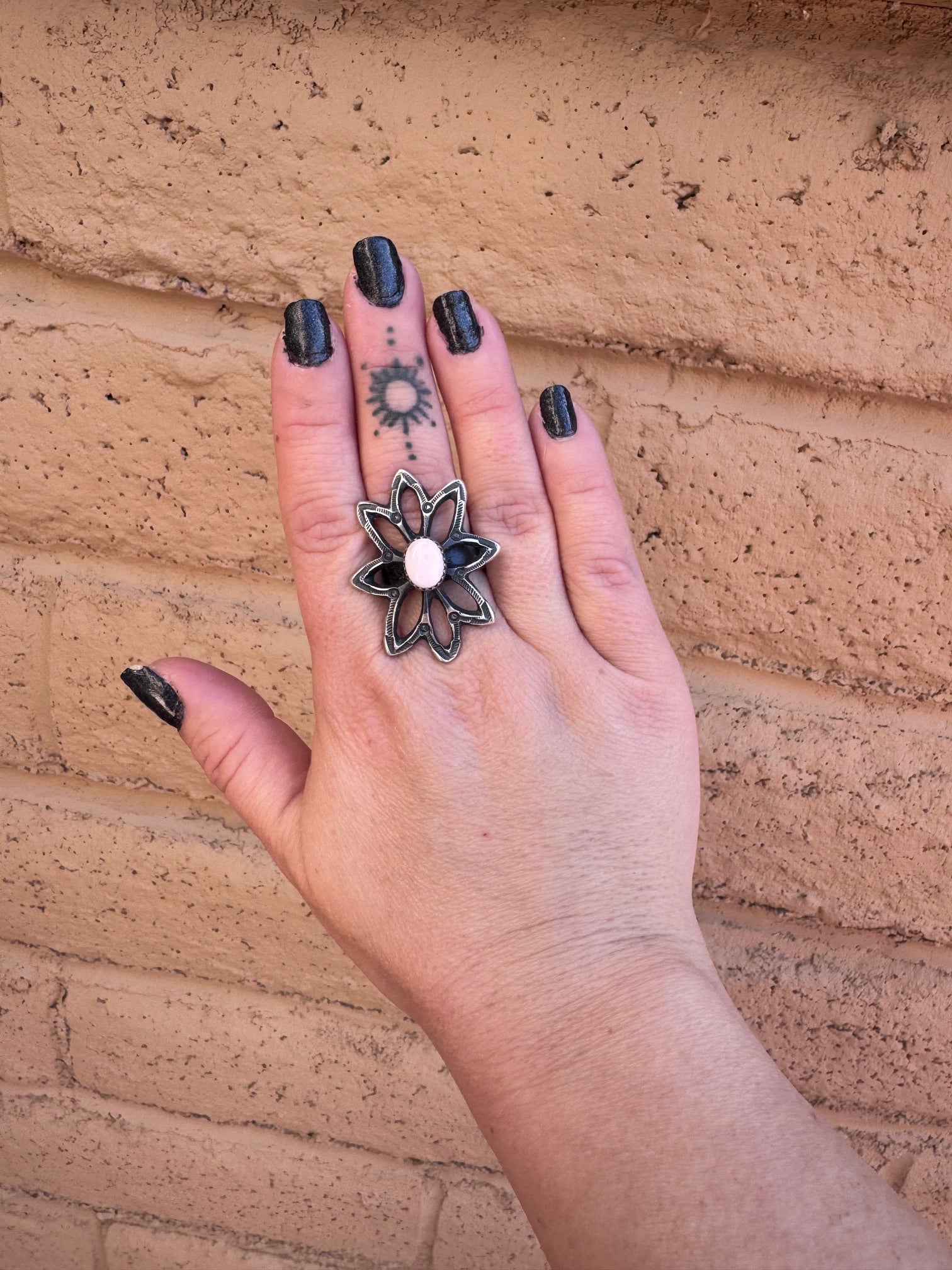Handcrafted Queen Pink Conch & Sterling Silver Adjustable Flower Ring by Kevin Billah