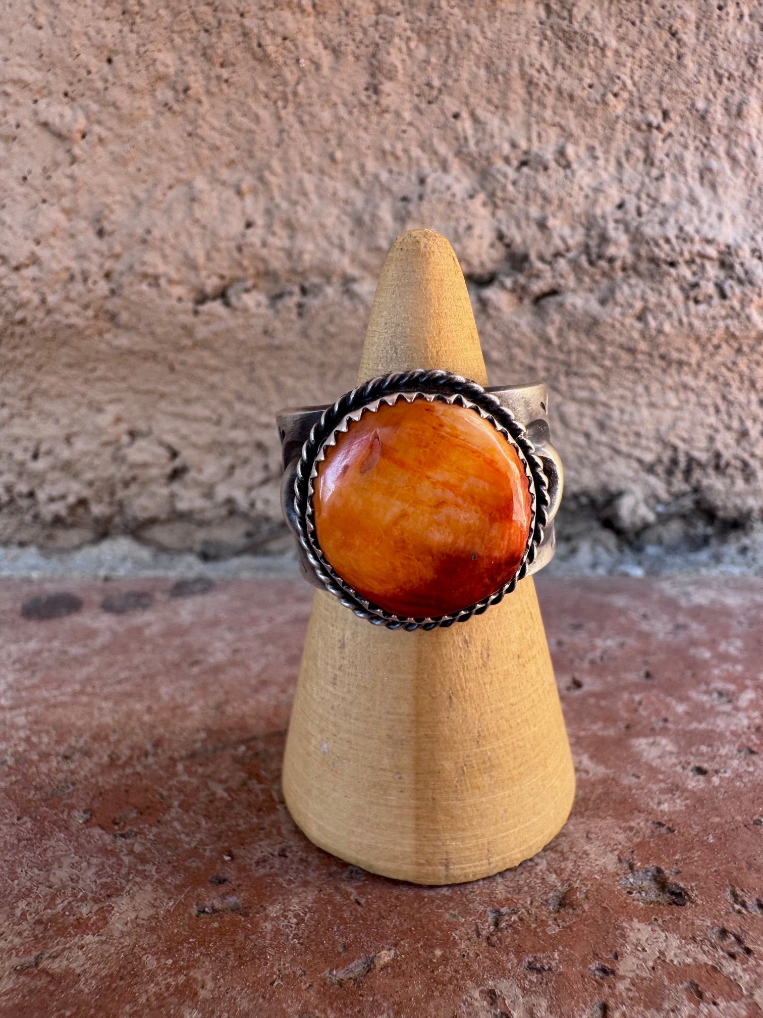 Handcrafted Sterling Silver And Orange Spiny Round Ring Size 8