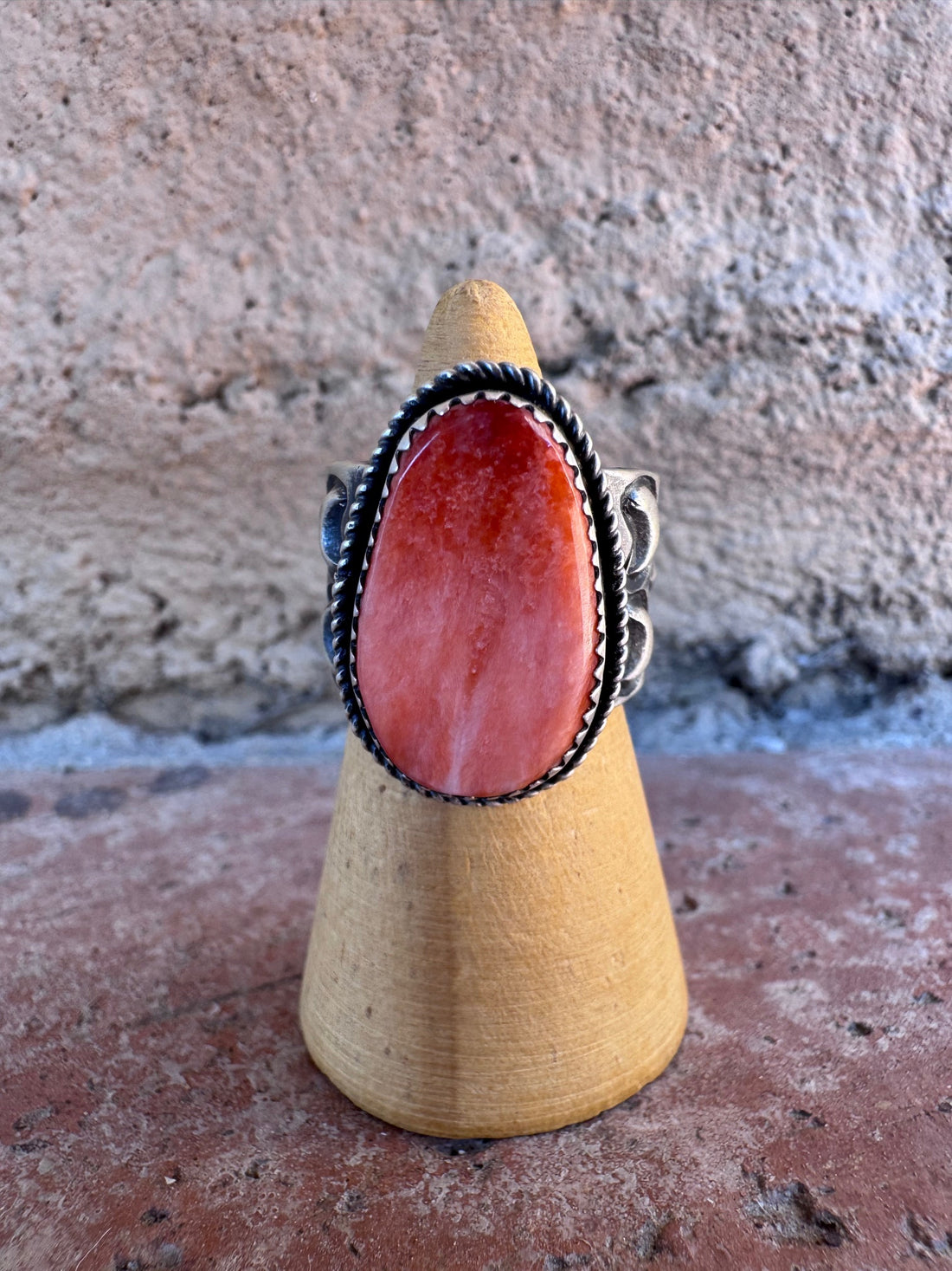 Handcrafted Sterling Silver And Orange Spiny TearDrop Ring Size 6.5