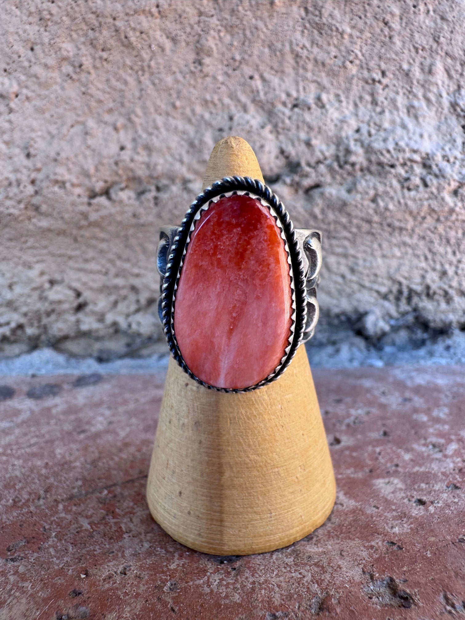 Handcrafted Sterling Silver And Orange Spiny TearDrop Ring Size 6.5