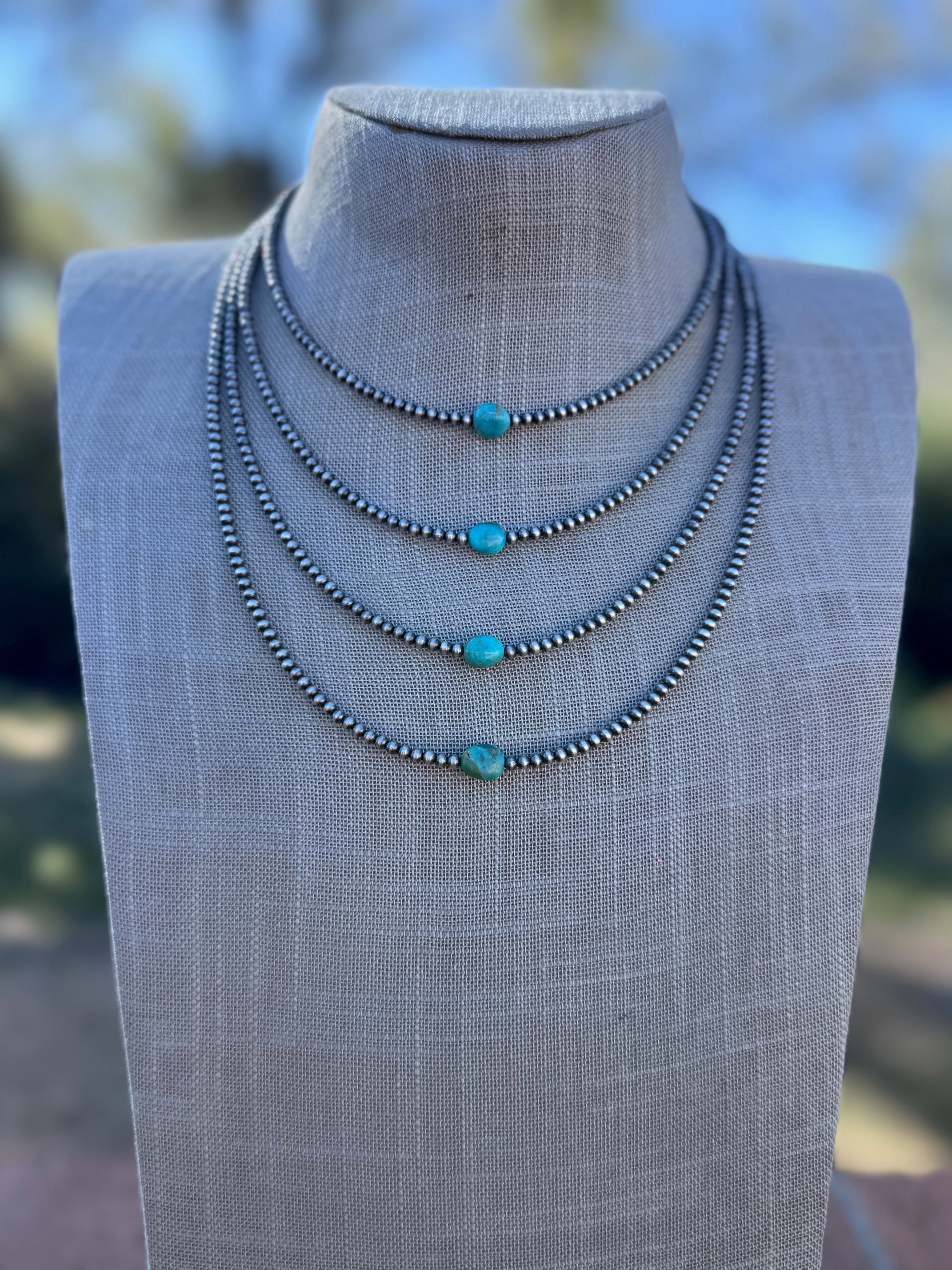 “The Loner” Handmade Sterling Silver & Kingman Turquoise 3mm Beaded Necklace