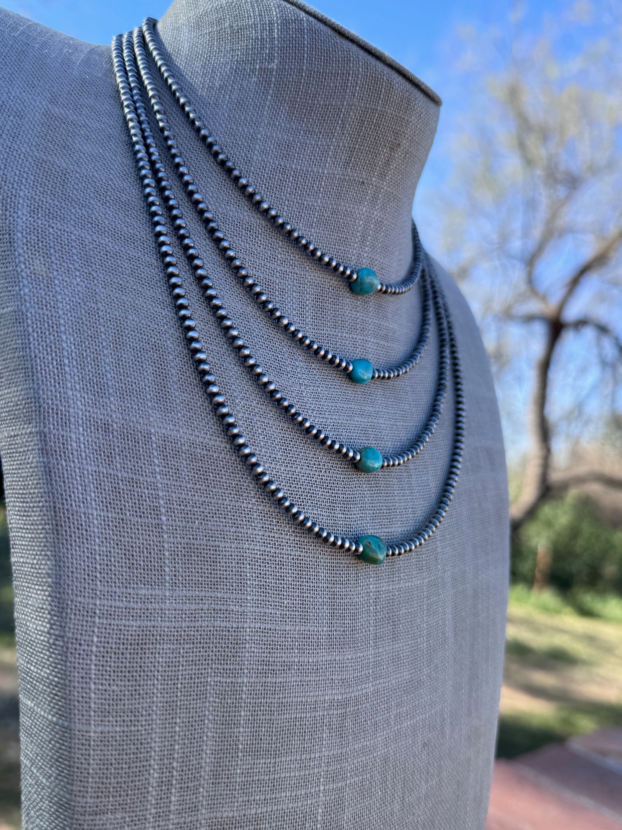 “The Loner” Handmade Sterling Silver & Kingman Turquoise 3mm Beaded Necklace