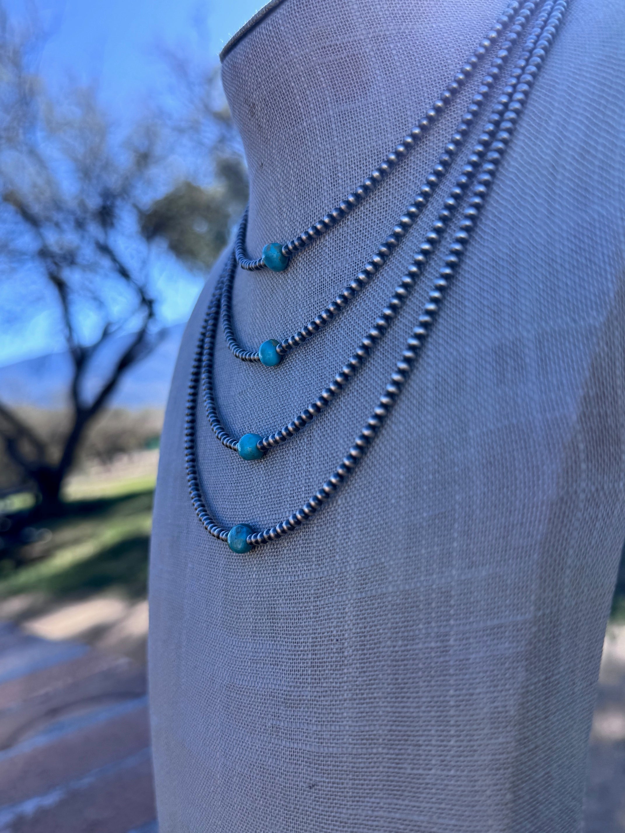 “The Loner” Handmade Sterling Silver & Kingman Turquoise 3mm Beaded Necklace