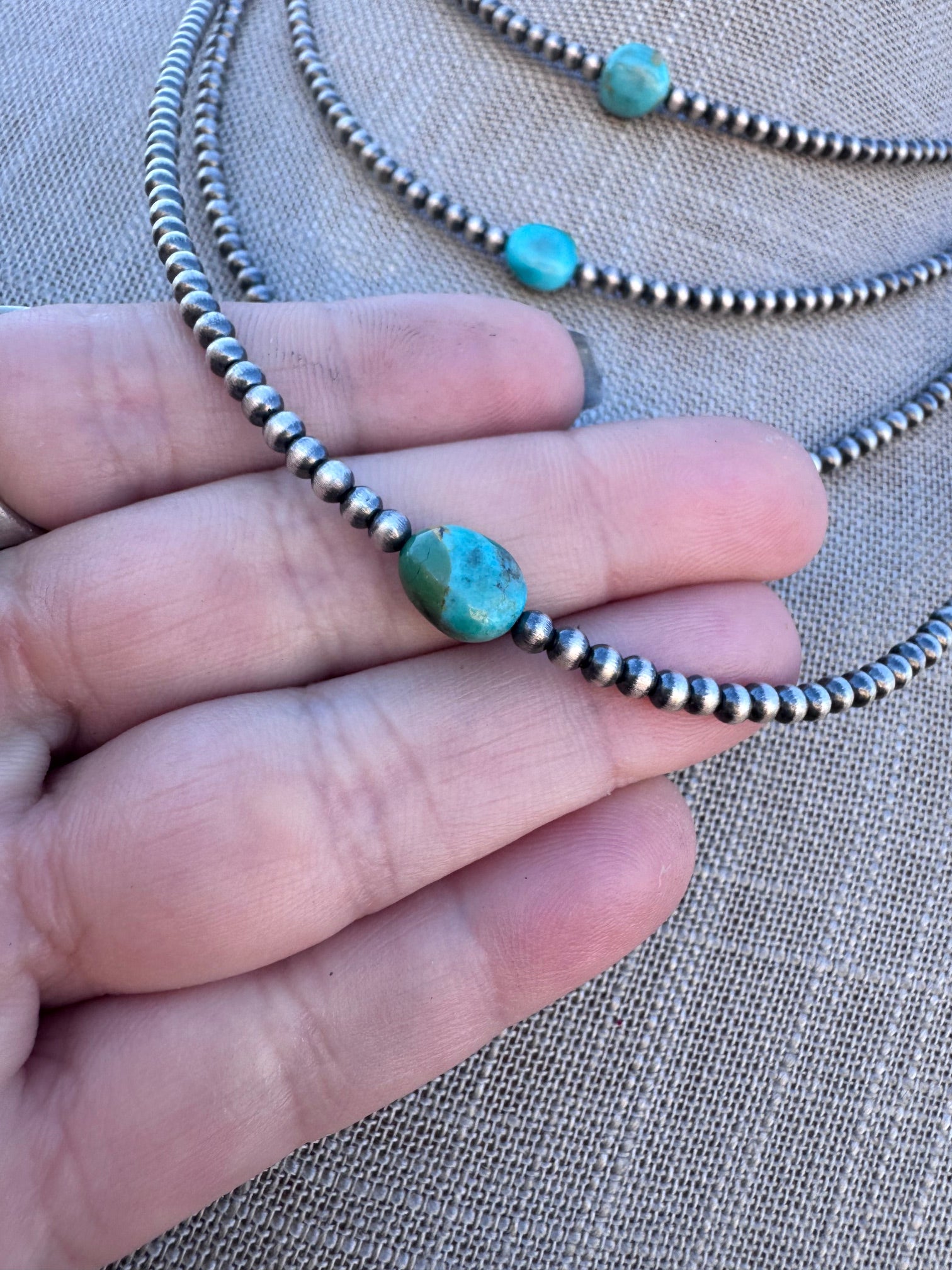 “The Loner” Handmade Sterling Silver & Kingman Turquoise 3mm Beaded Necklace