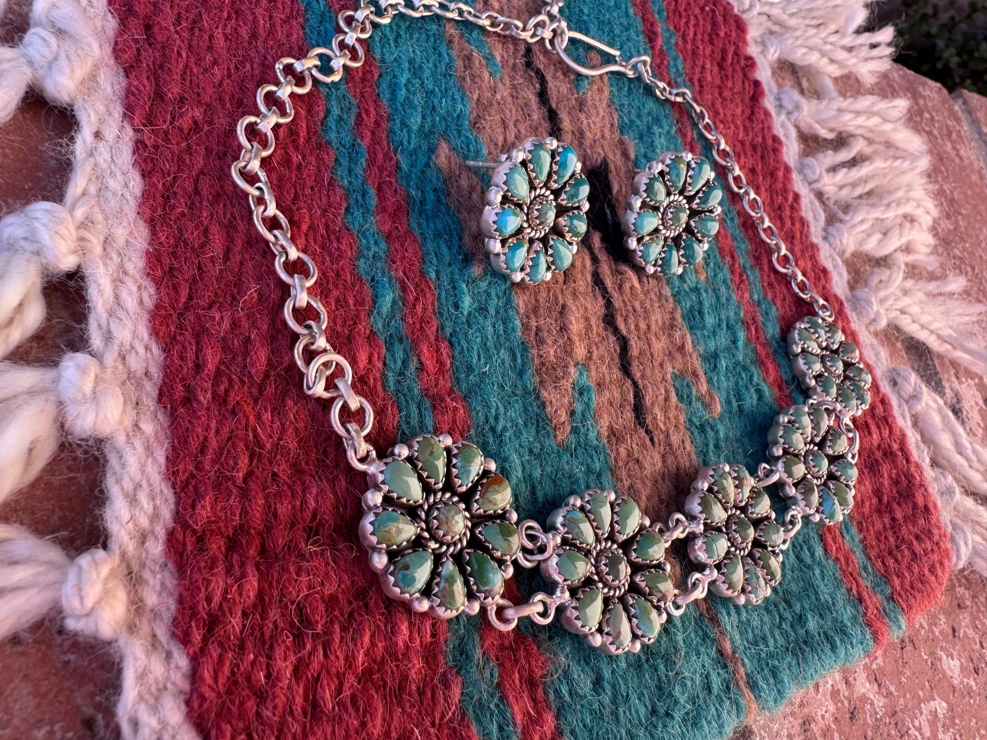 Handmade Kingman Turquoise & Sterling Silver Choker Necklace & Earring Set