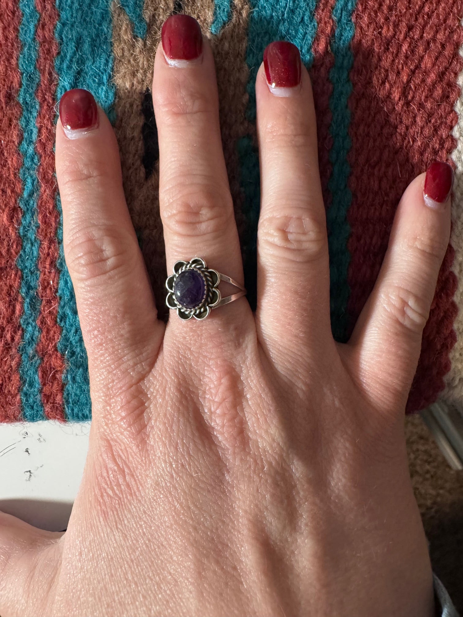 Handcrafted Amethyst Flower Sterling Silver Ring Size 9.5