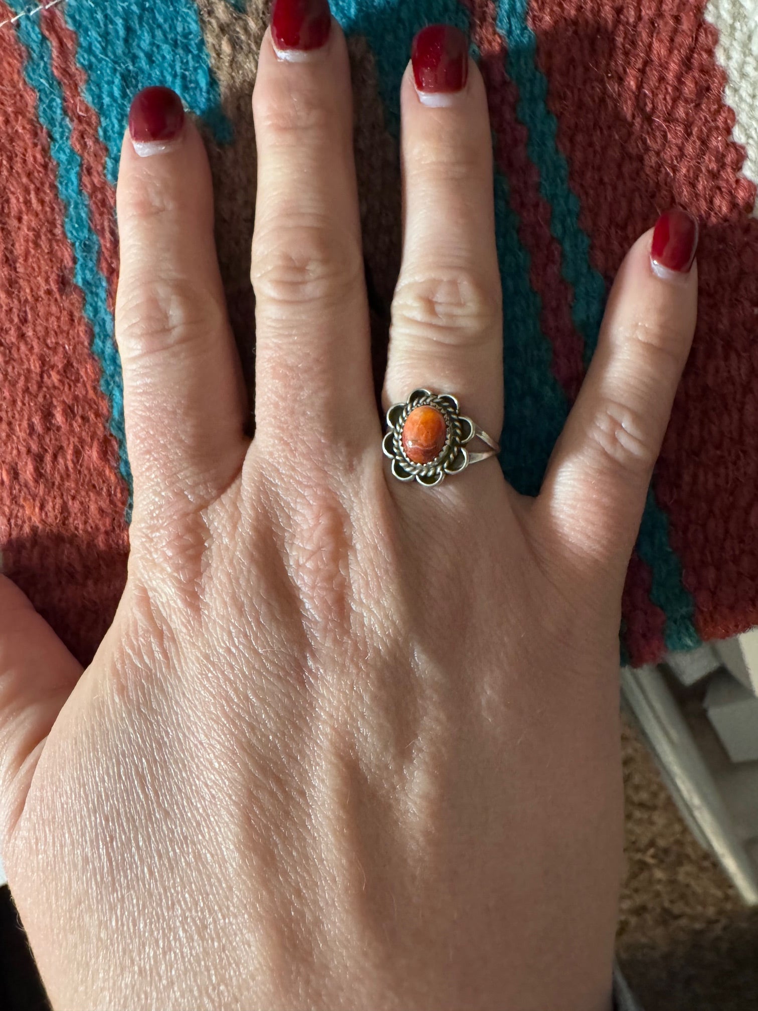 Handcrafted Orange Spiny Flower Sterling Silver Ring