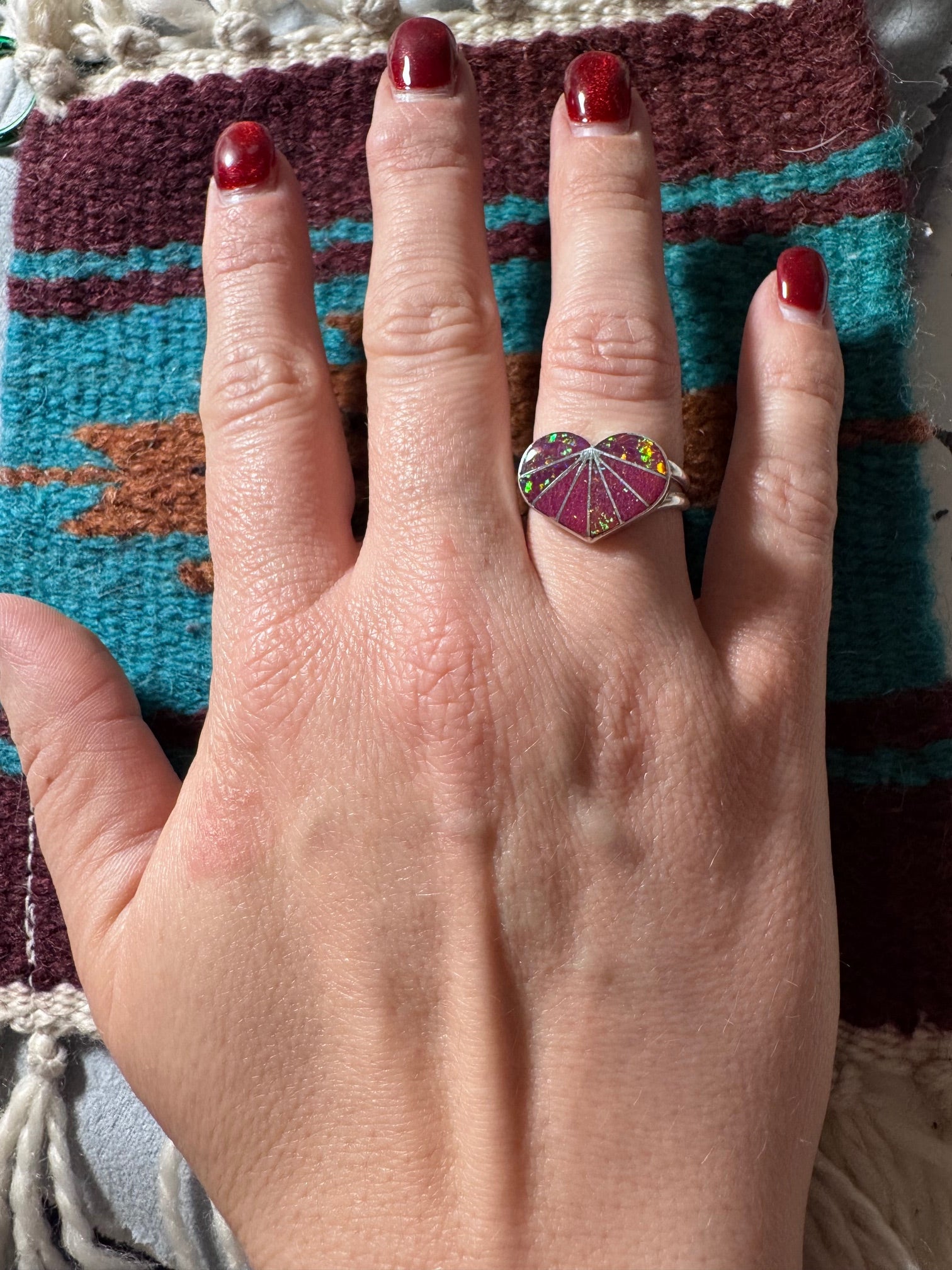 Handcrafted Sterling Silver & Mauve Fire Opal Inlay Heart Ring size 8