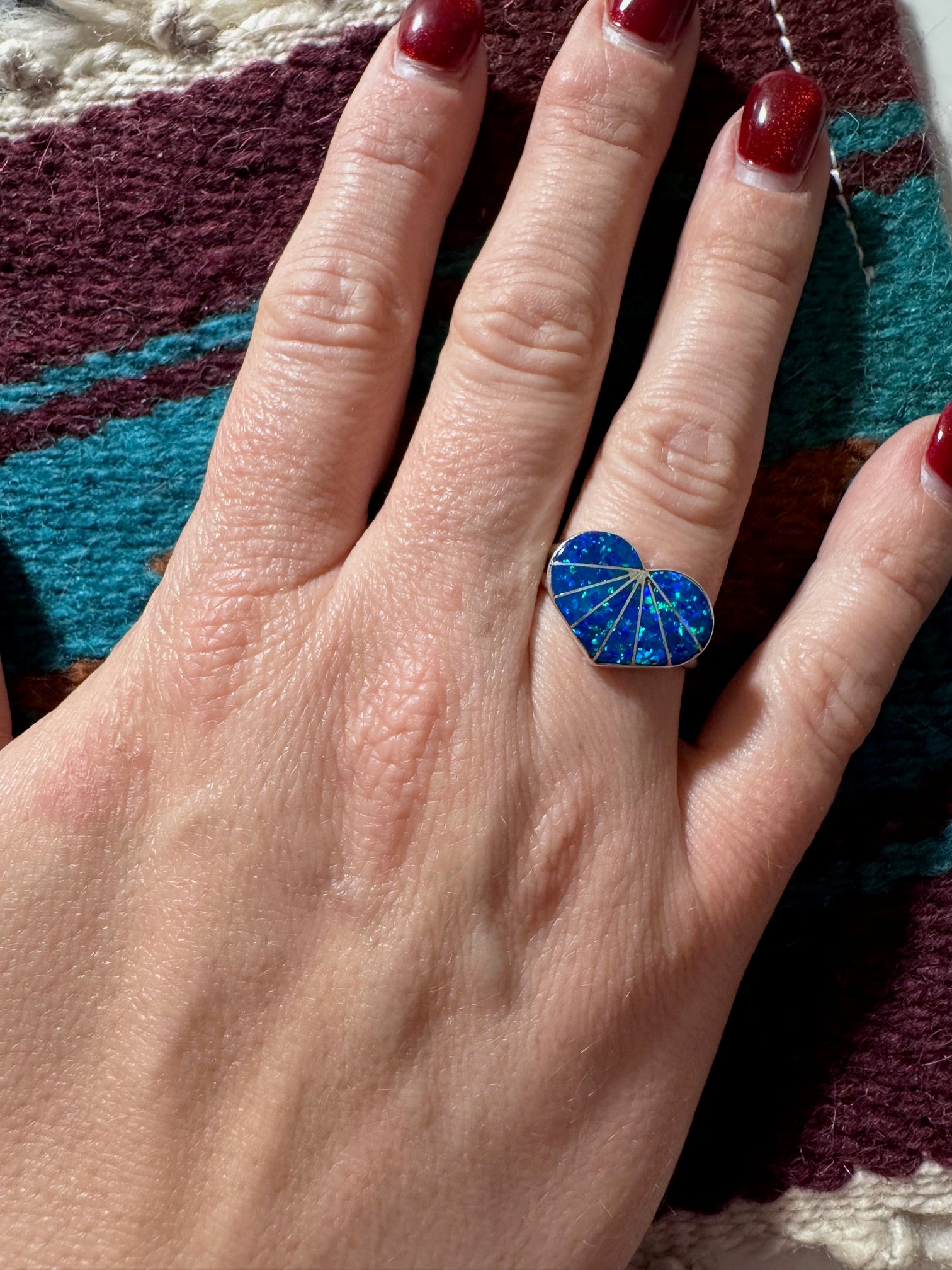 Handcrafted Sterling Silver & Royal Blue Fire Opal Inlay Heart Ring size 8.5