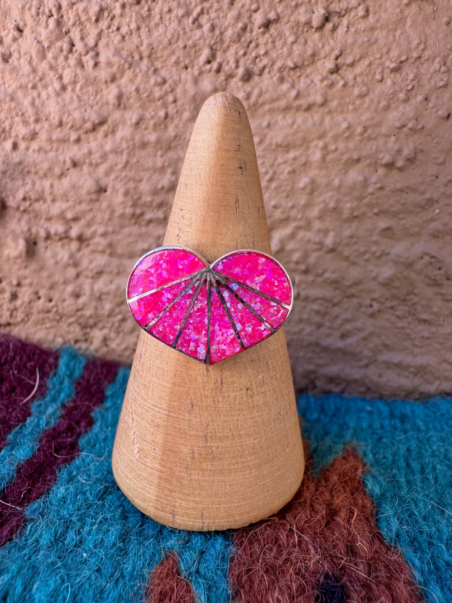 Handcrafted Sterling Silver & Hot Pink Fire Opal Inlay Heart Ring size 8.5